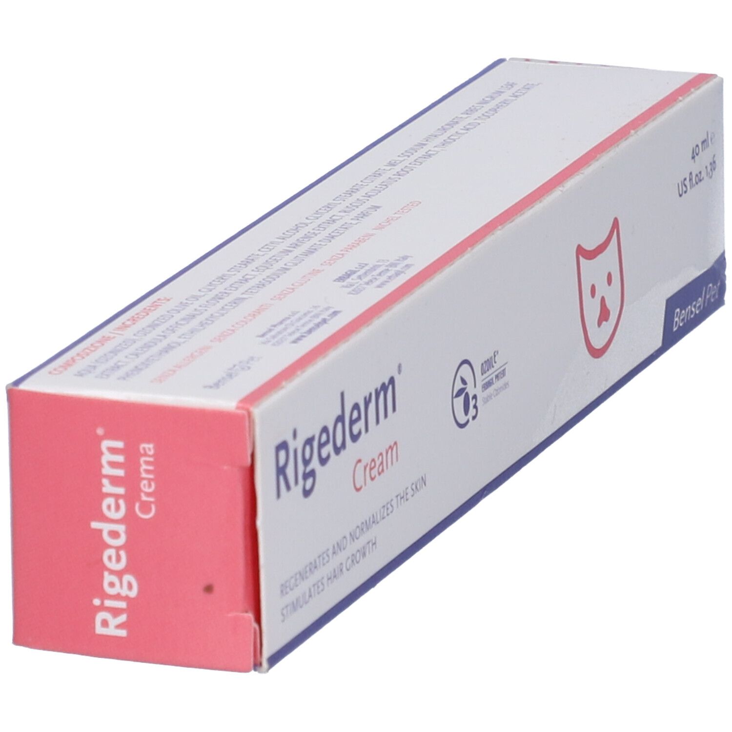 Scatola Rigederm Cream. Simbolo gatto. Testo: Rigenera e normalizza la pelle, stimola la crescita dei peli. 40 ml.