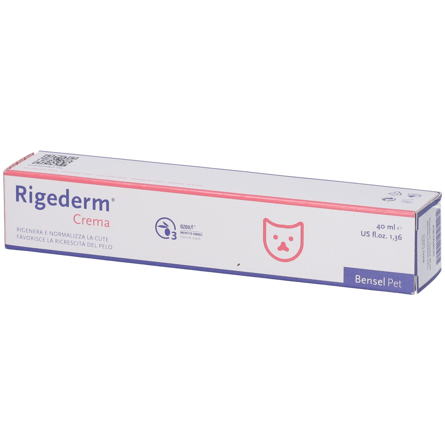 Scatola Rigederm Cream. Simbolo gatto. Testo: Rigenera e normalizza la pelle, stimola la crescita dei peli. 40 ml.