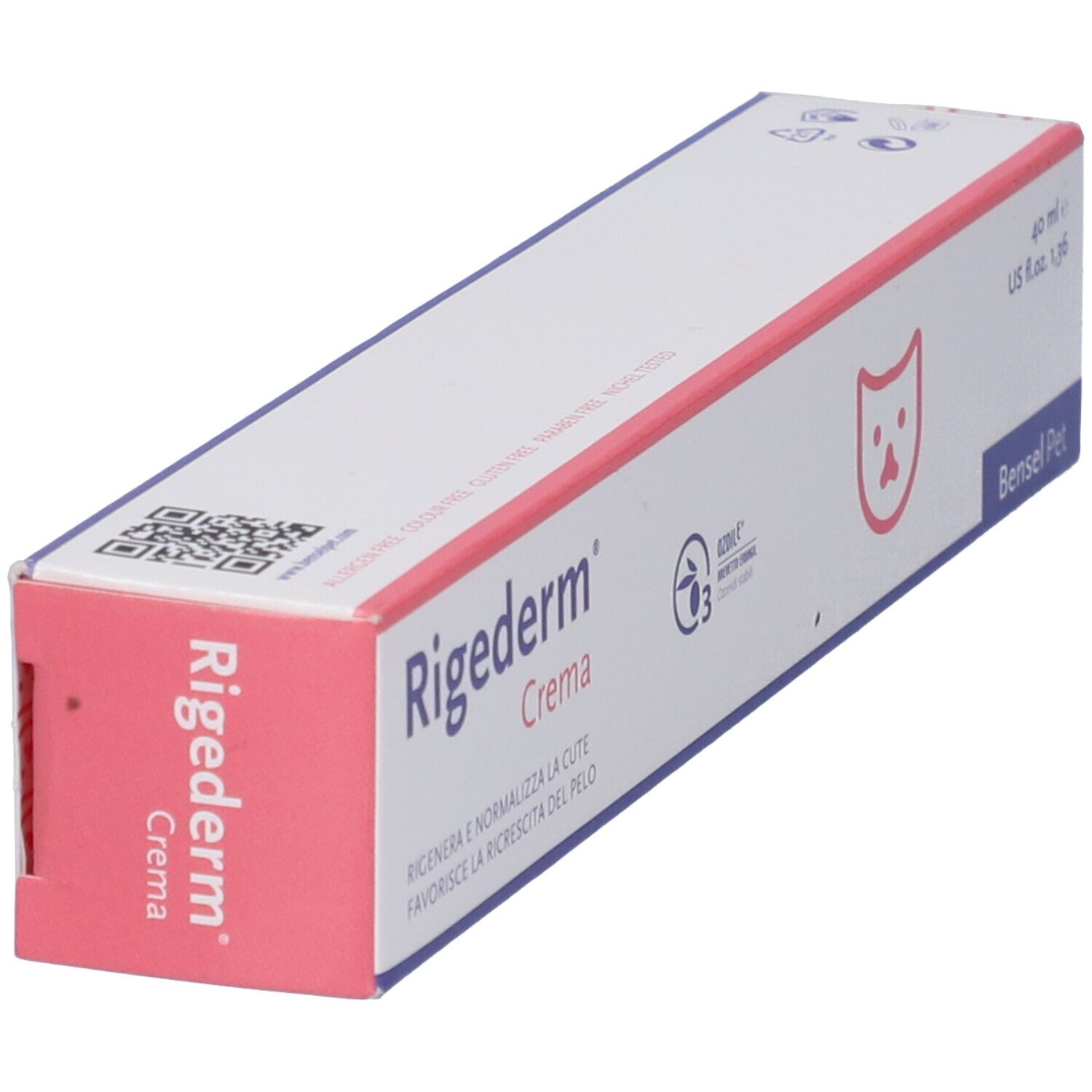 Scatola Rigederm Cream. Simbolo gatto. Testo: Rigenera e normalizza la pelle, stimola la crescita dei peli. 40 ml.