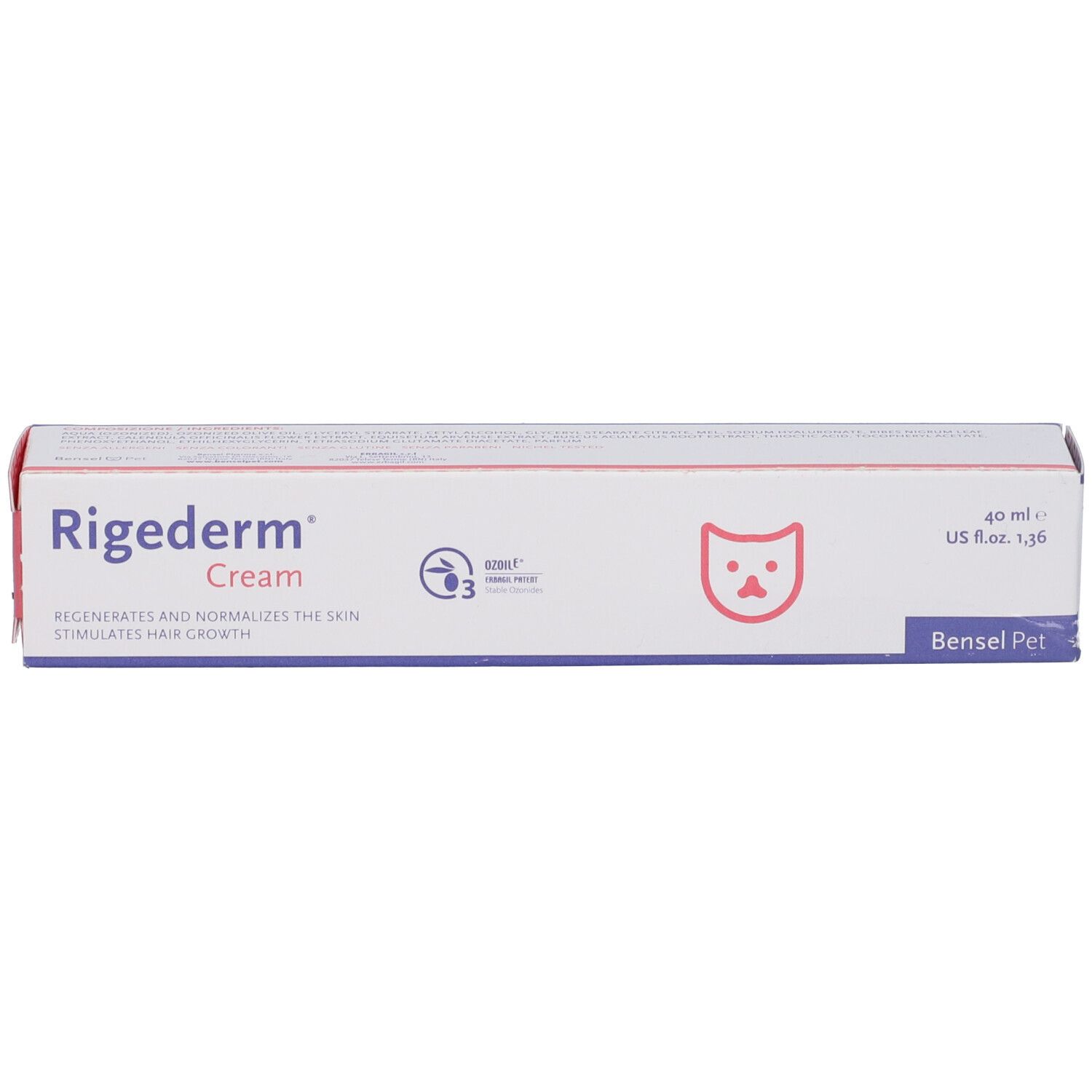 Scatola Rigederm Cream. Simbolo gatto. Testo: Rigenera e normalizza la pelle, stimola la crescita dei peli. 40 ml.