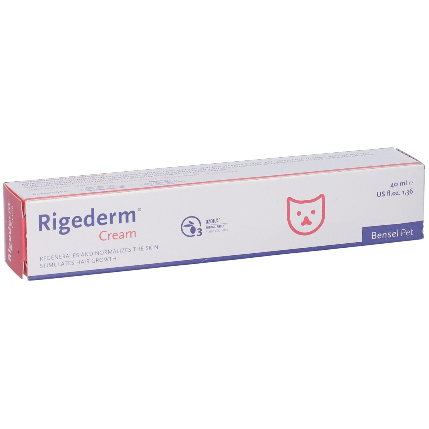 Scatola Rigederm Cream. Simbolo gatto. Testo: Rigenera e normalizza la pelle, stimola la crescita dei peli. 40 ml.