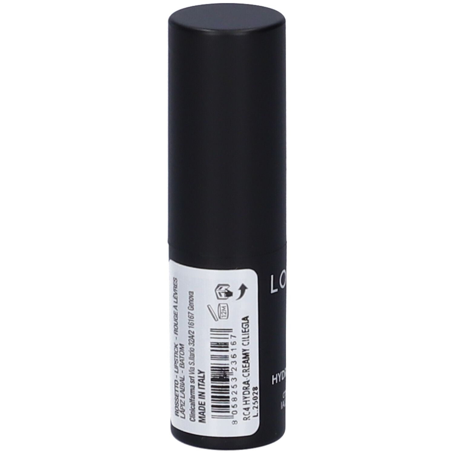 Contenitore nero di rossetto con etichetta. Scritta: Lovren, RC4 Hydra Creamy Ciliegia, Made in Italy.