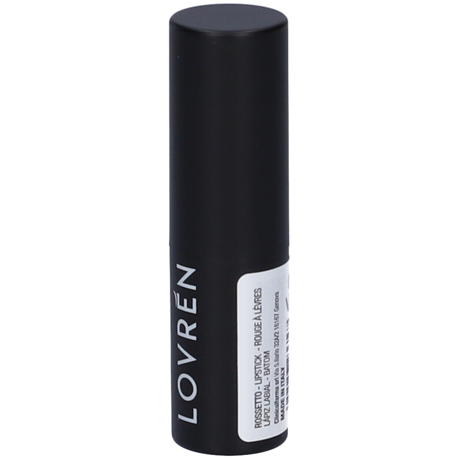 Contenitore nero di rossetto. Scritta: Lovren, Rossetto, Rouge à Lèvres, Batom.