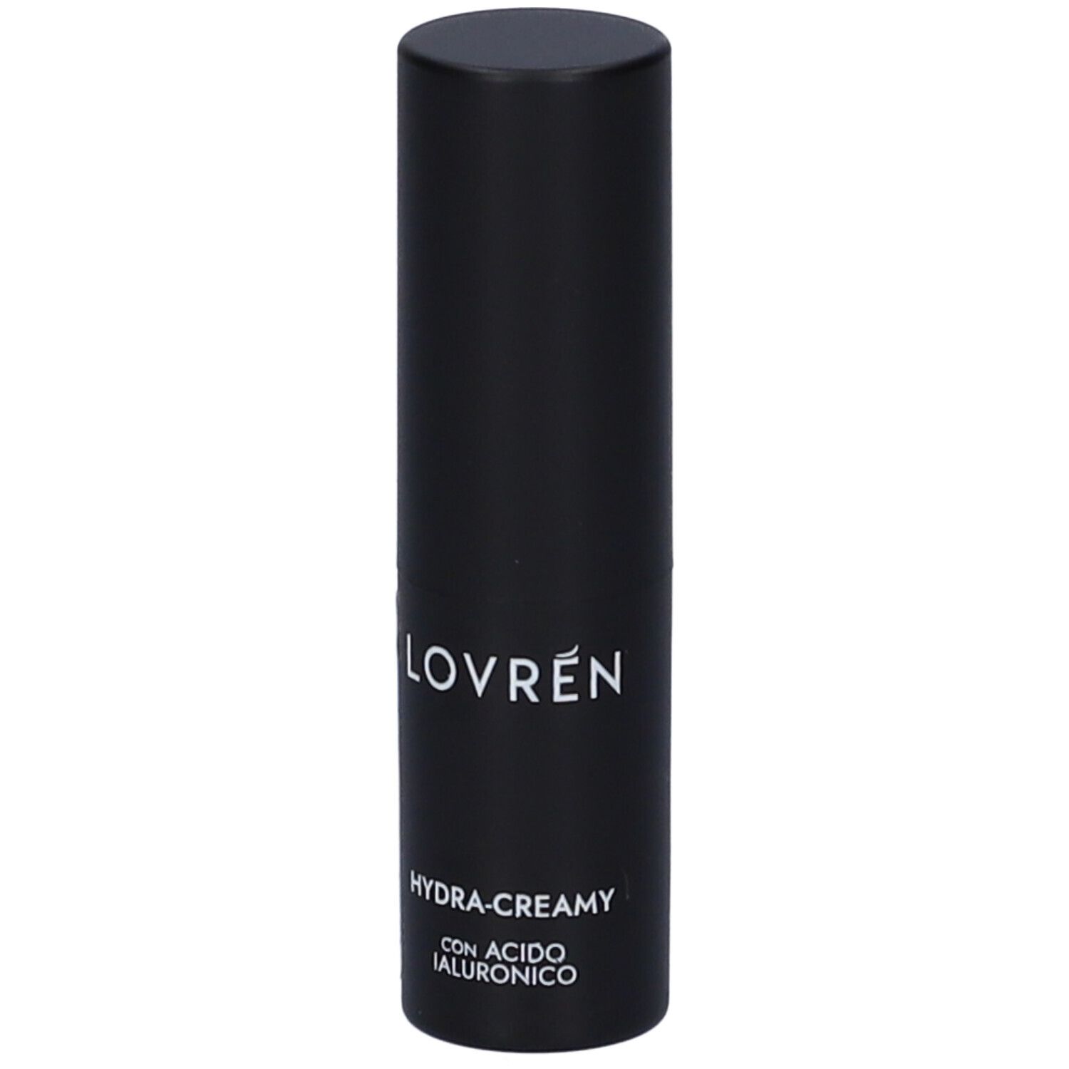 Contenitore nero di rossetto. Scritta: Lovren, Hydra-Creamy, con Acido Ialuronico.