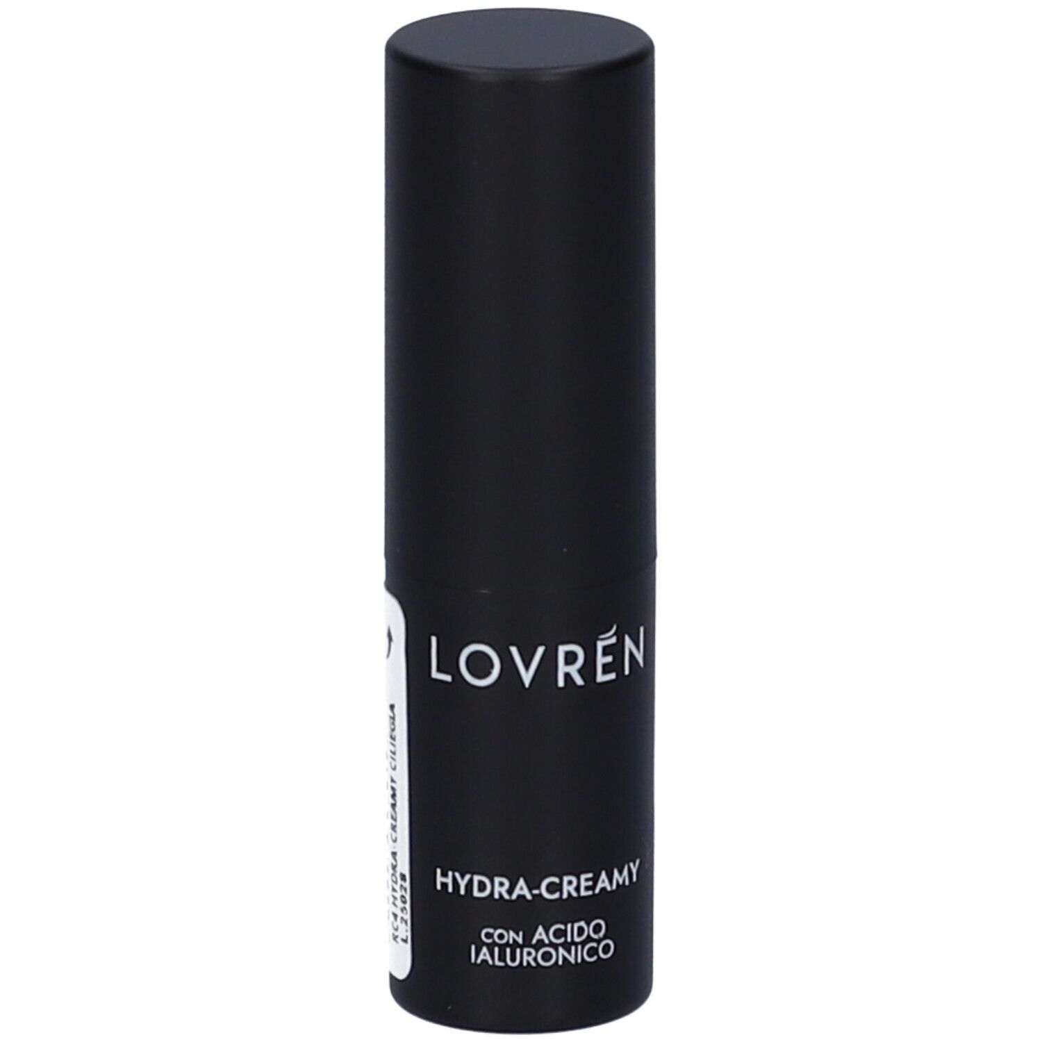 Contenitore nero di rossetto. Scritta: Lovren, Hydra-Creamy, con Acido Ialuronico.