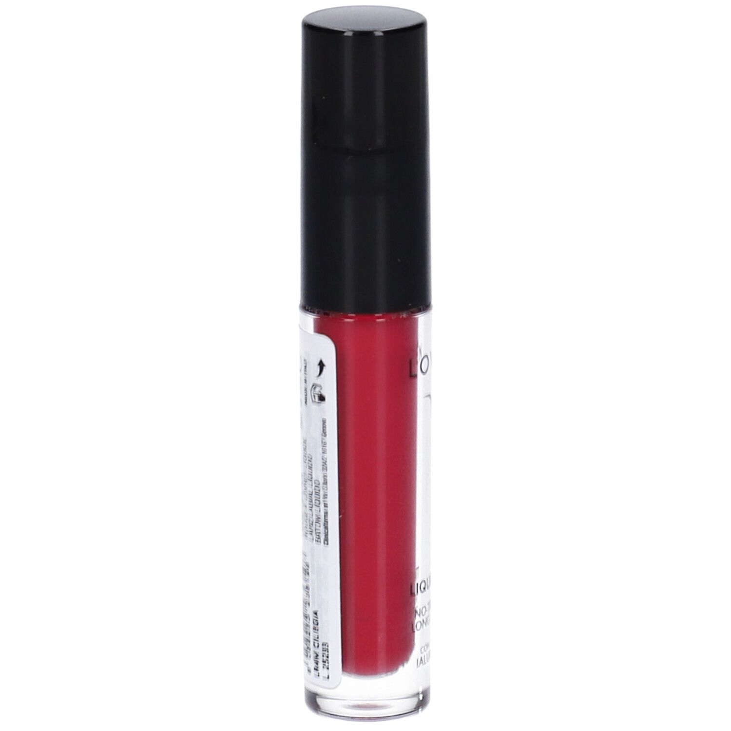Rossetto rosso in flacone trasparente con tappo nero. Scritta: LOVREN, LIQUID-MATT, NO TRANSFER, LONG LASTING.
