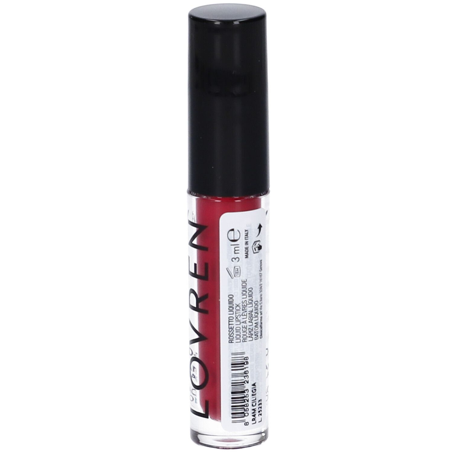 Rossetto rosso in flacone trasparente con tappo nero. Scritta: LOVREN, LIQUID-MATT, 3 ml, prodotto in Italia.