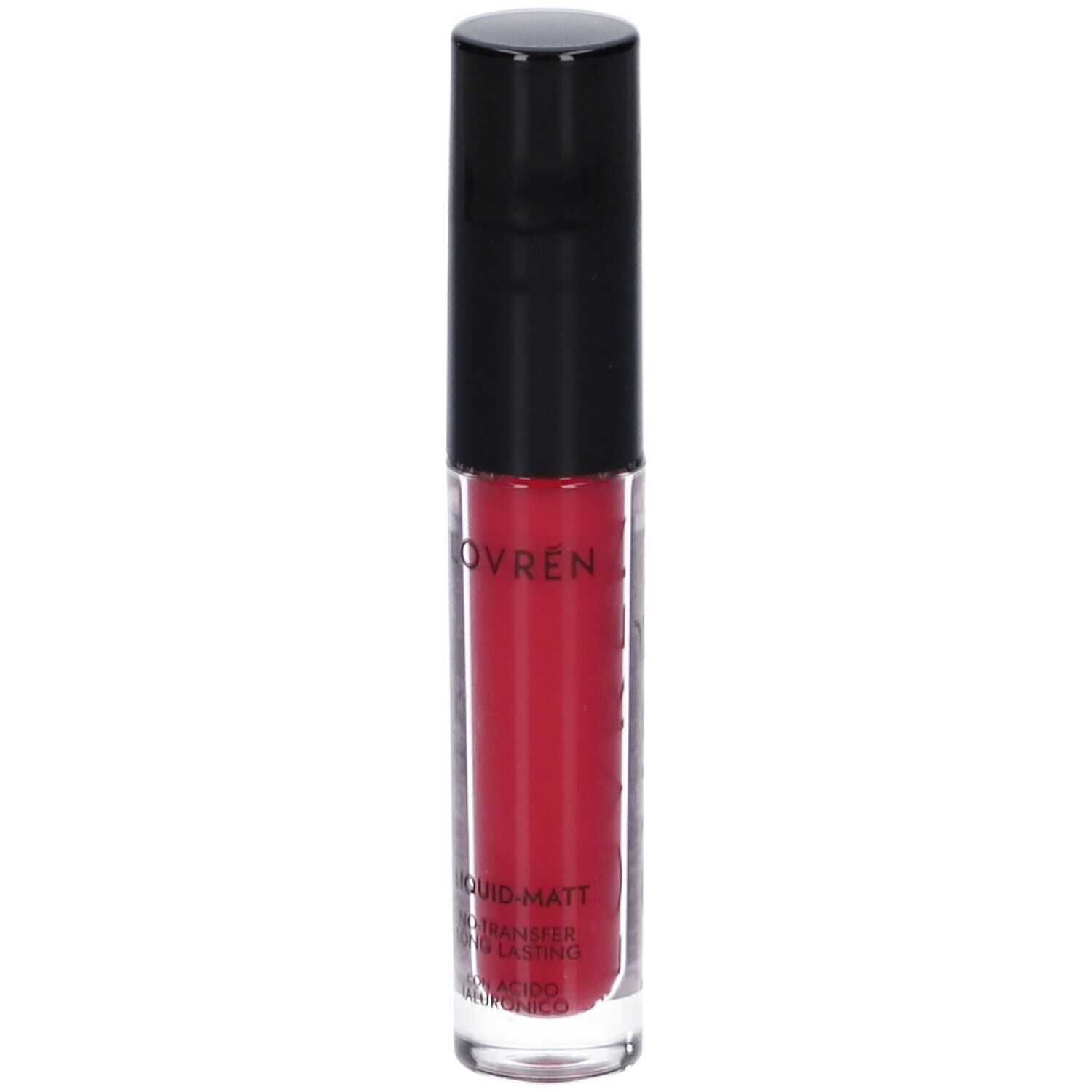 Rossetto rosso in flacone trasparente con tappo nero. Scritta: LOVREN, LIQUID-MATT, NO TRANSFER, LONG LASTING.