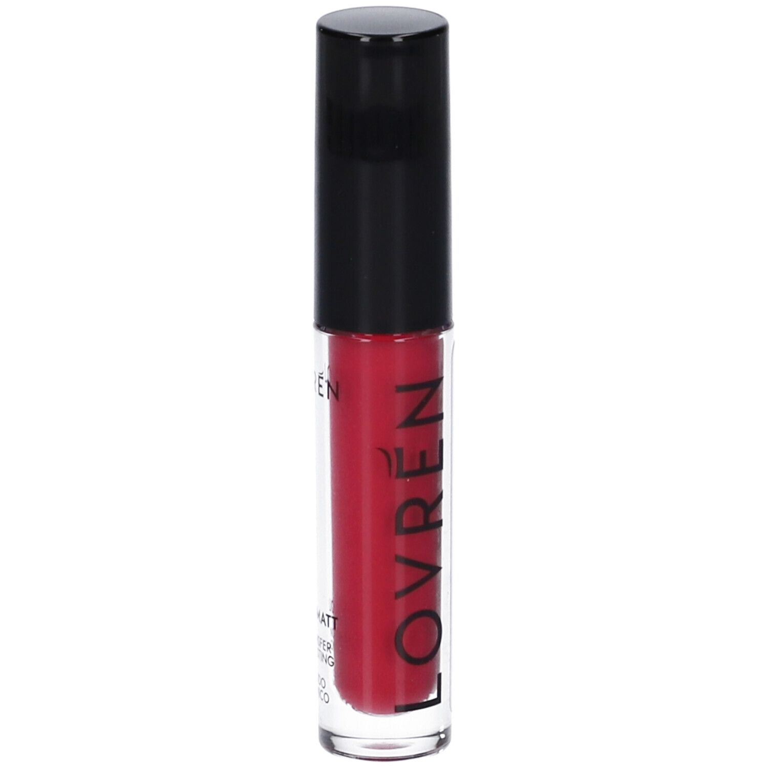 Rossetto rosso in flacone trasparente con tappo nero. Scritta: LOVREN, LIQUID-MATT, NO TRANSFER, LONG LASTING.