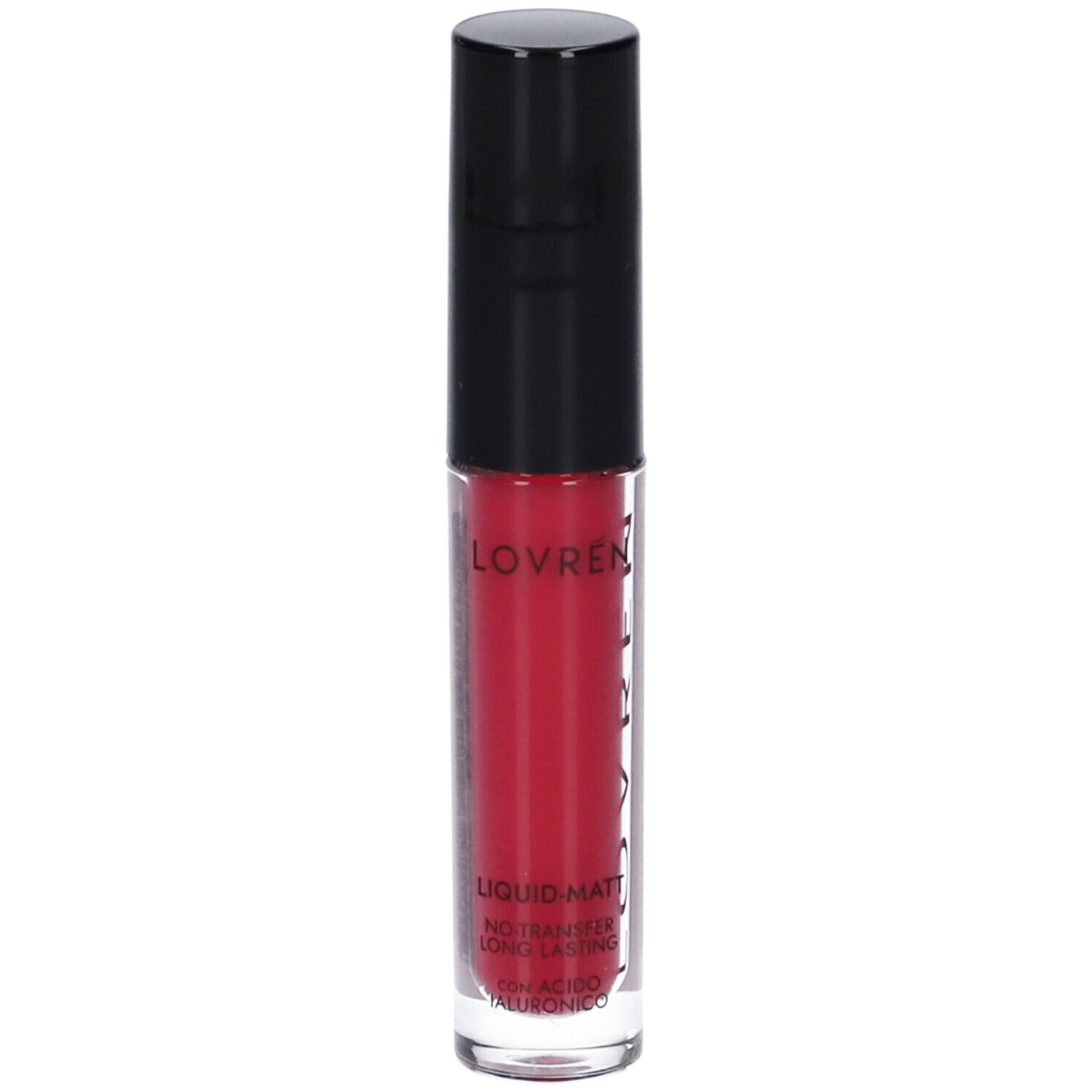 Rossetto rosso in flacone trasparente con tappo nero. Scritta: LOVREN, LIQUID-MATT, NO TRANSFER, LONG LASTING.