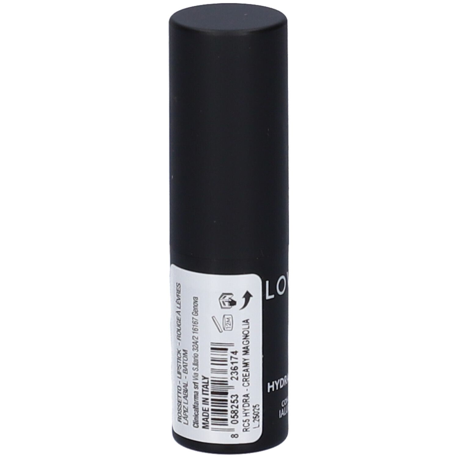 Contenitore nero di rossetto. Etichetta con informazioni sul prodotto. Marca: Lovren. Testo: Rossetto - Lipstick - Rouge à Lèvres.
