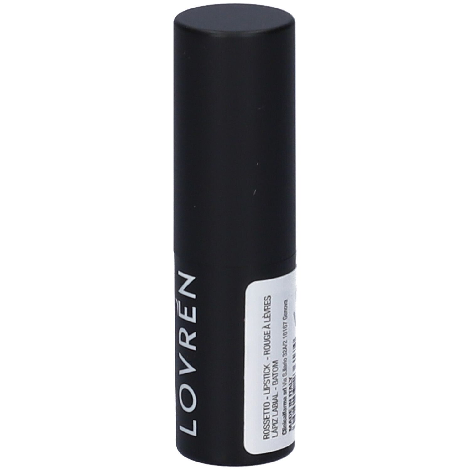 Contenitore nero di rossetto. Marca: Lovren. Testo: Rossetto - Lipstick - Rouge à Lèvres. Prodotto in Italia.