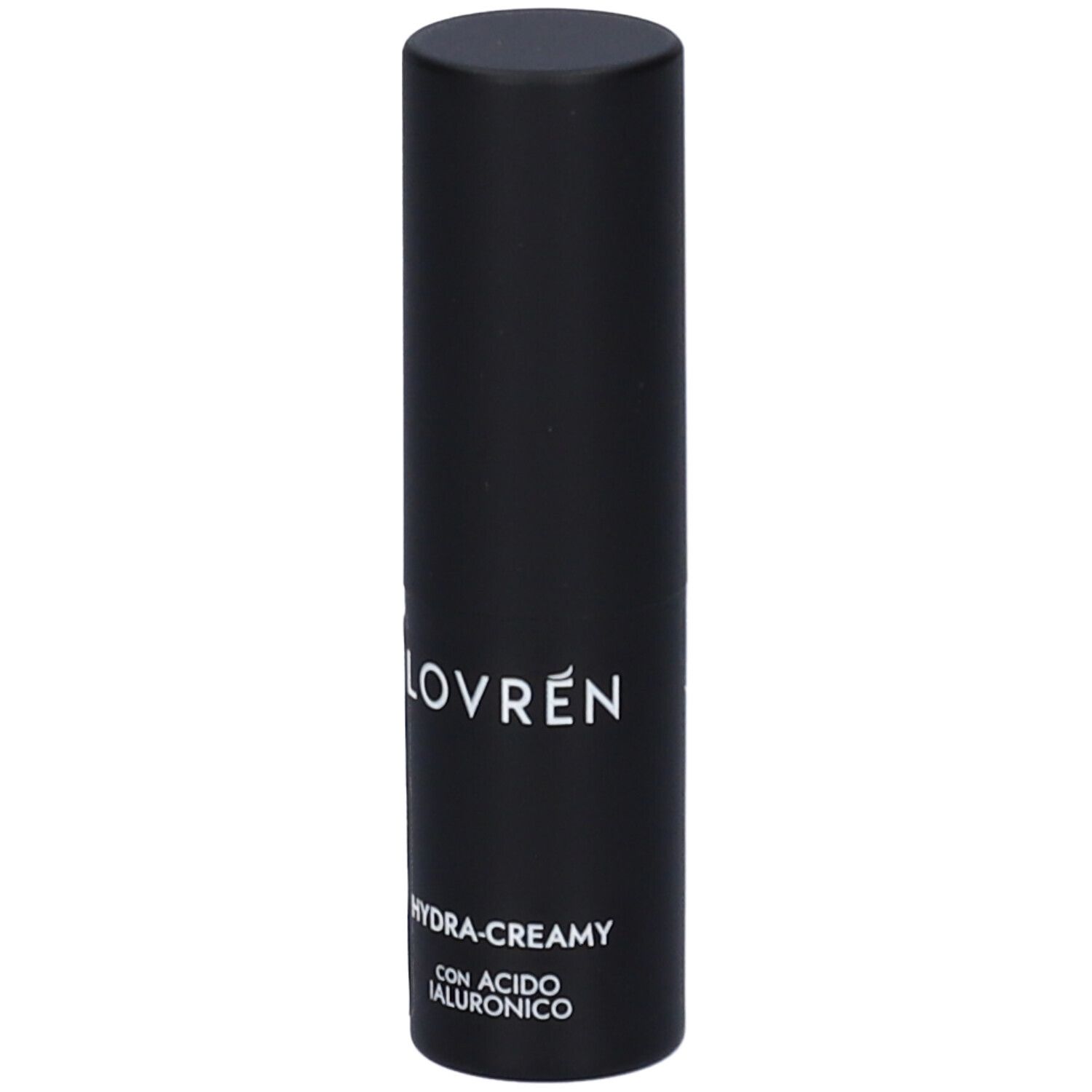 Contenitore nero di rossetto. Marca: Lovren. Testo: Hydra-Creamy con Acido Ialuronico.