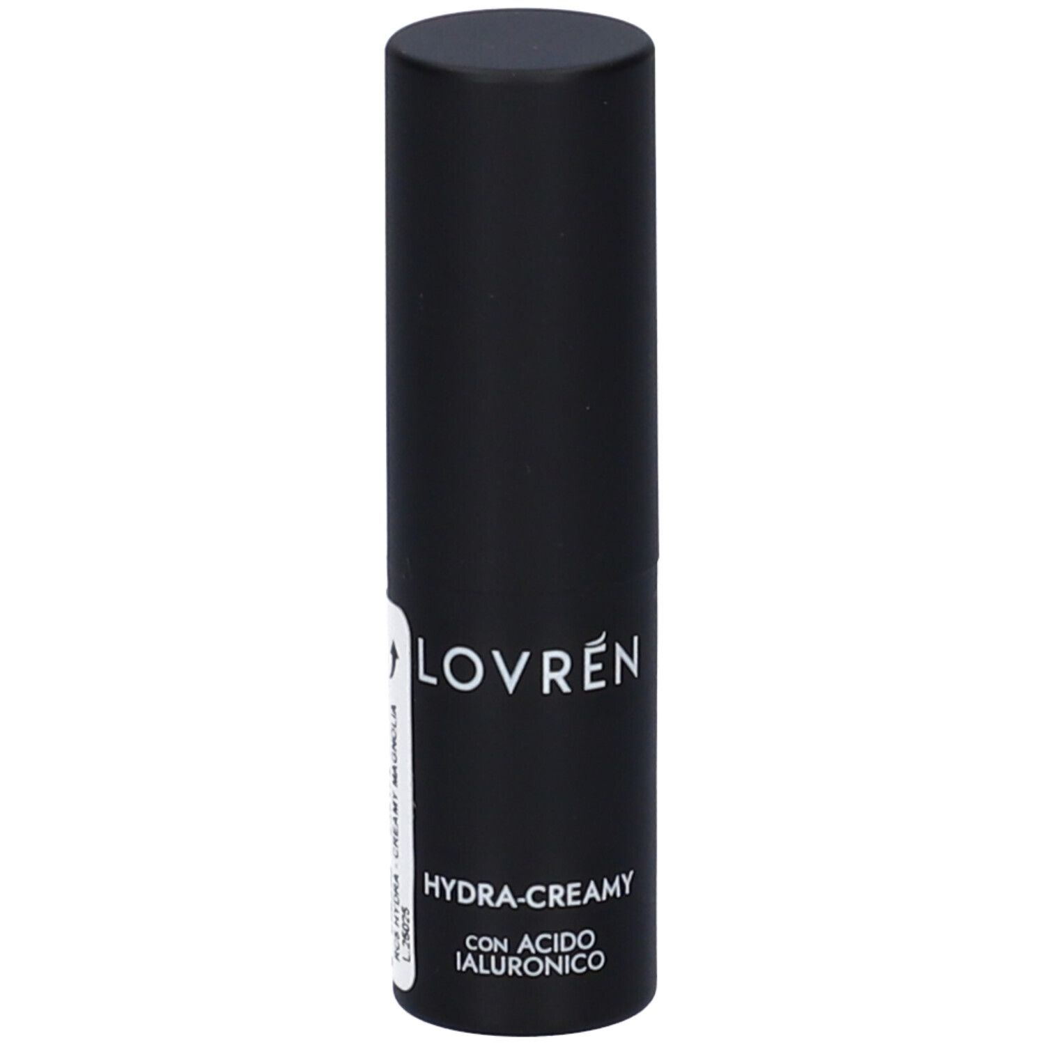 Contenitore nero di rossetto. Marca: Lovren. Testo: Hydra-Creamy con Acido Ialuronico.