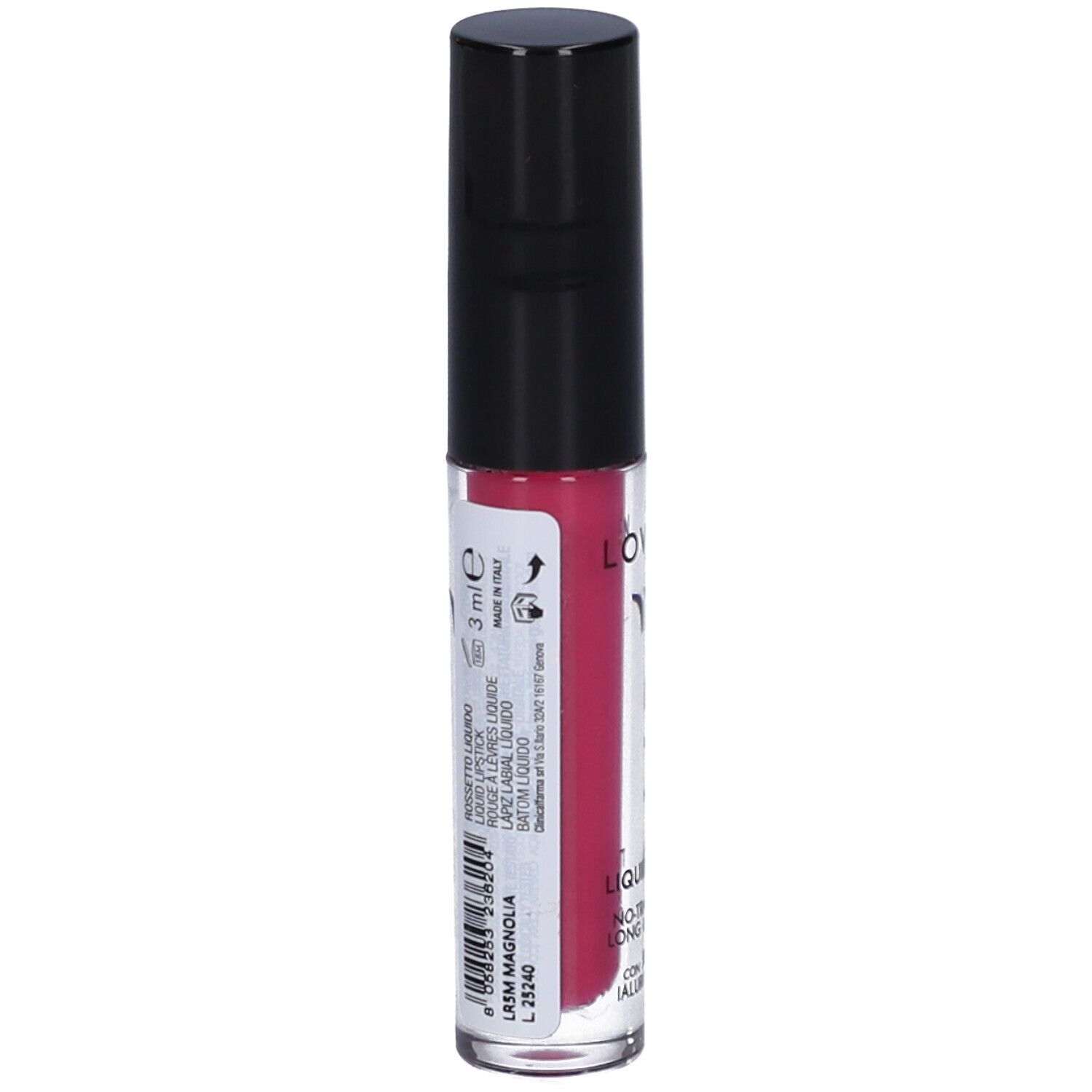 Rossetto liquido opaco rosa. Tappo nero. Marchio Lovren. Testo: Magnolia, 3 ml.