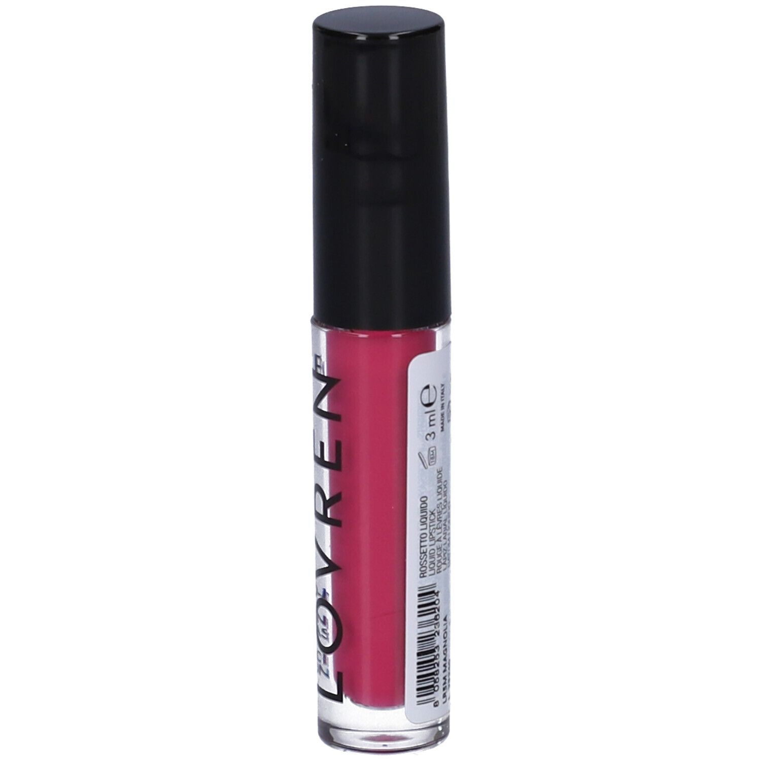 Rossetto liquido opaco rosa. Tappo nero. Marchio Lovren. Testo: Rossetto Liquido, 3 ml.
