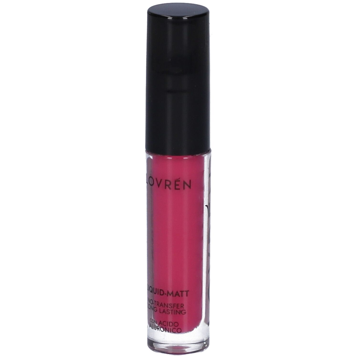 Rossetto liquido opaco rosa. Tappo nero. Marchio Lovren. Testo: Liquid-Matt, No-Transfer, Long Lasting.