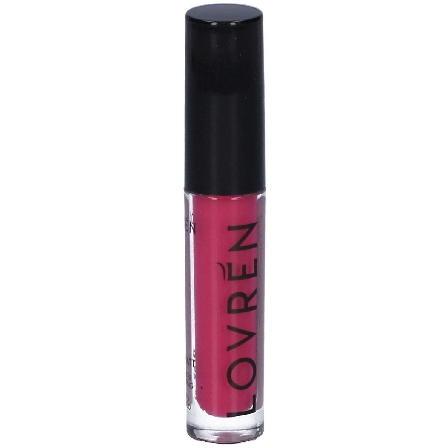 Rossetto liquido opaco rosa. Tappo nero. Marchio Lovren. Testo: Liquid-Matt, No-Transfer, Long Lasting.