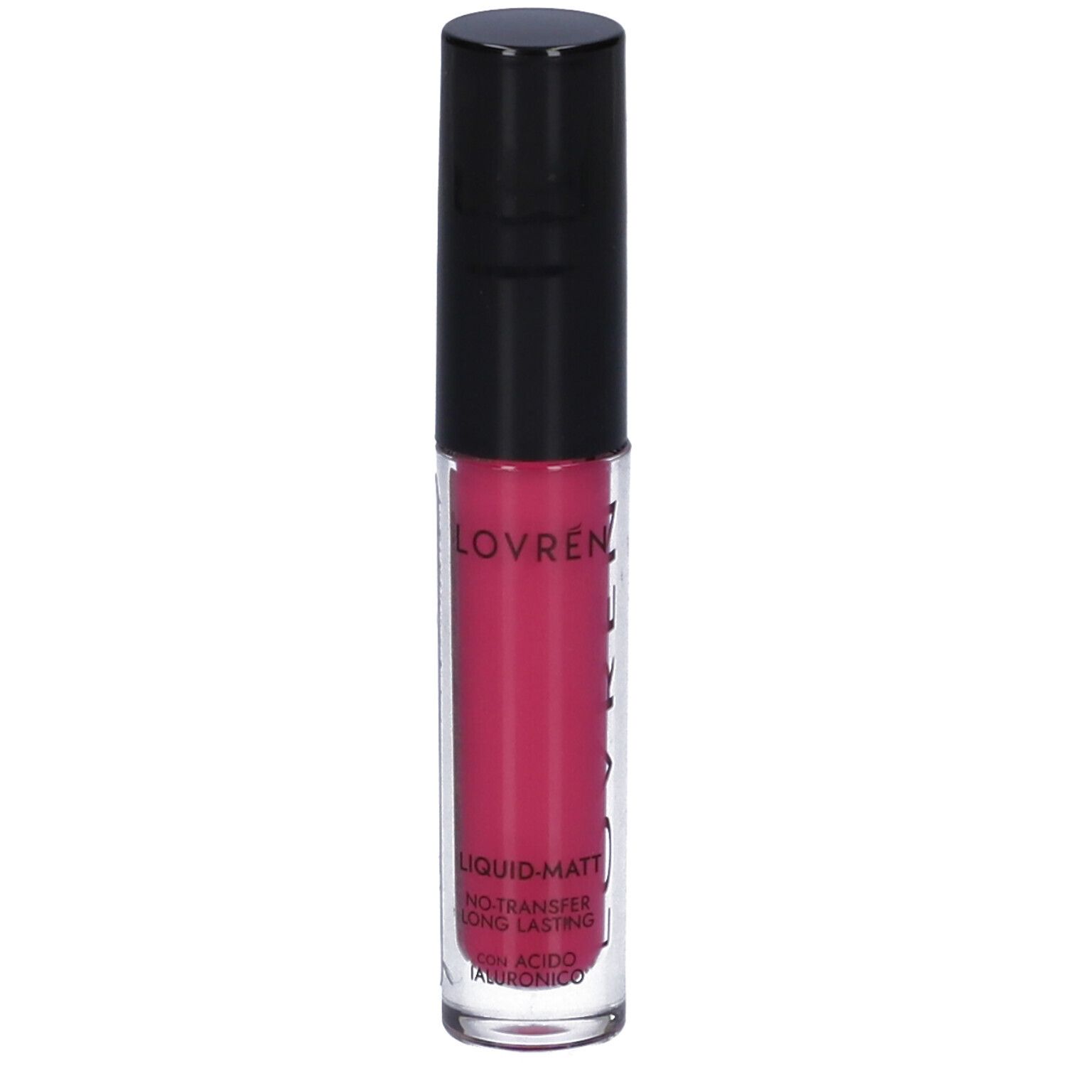 Rossetto liquido opaco rosa. Tappo nero. Marchio Lovren. Testo: Liquid-Matt, No-Transfer, Long Lasting.