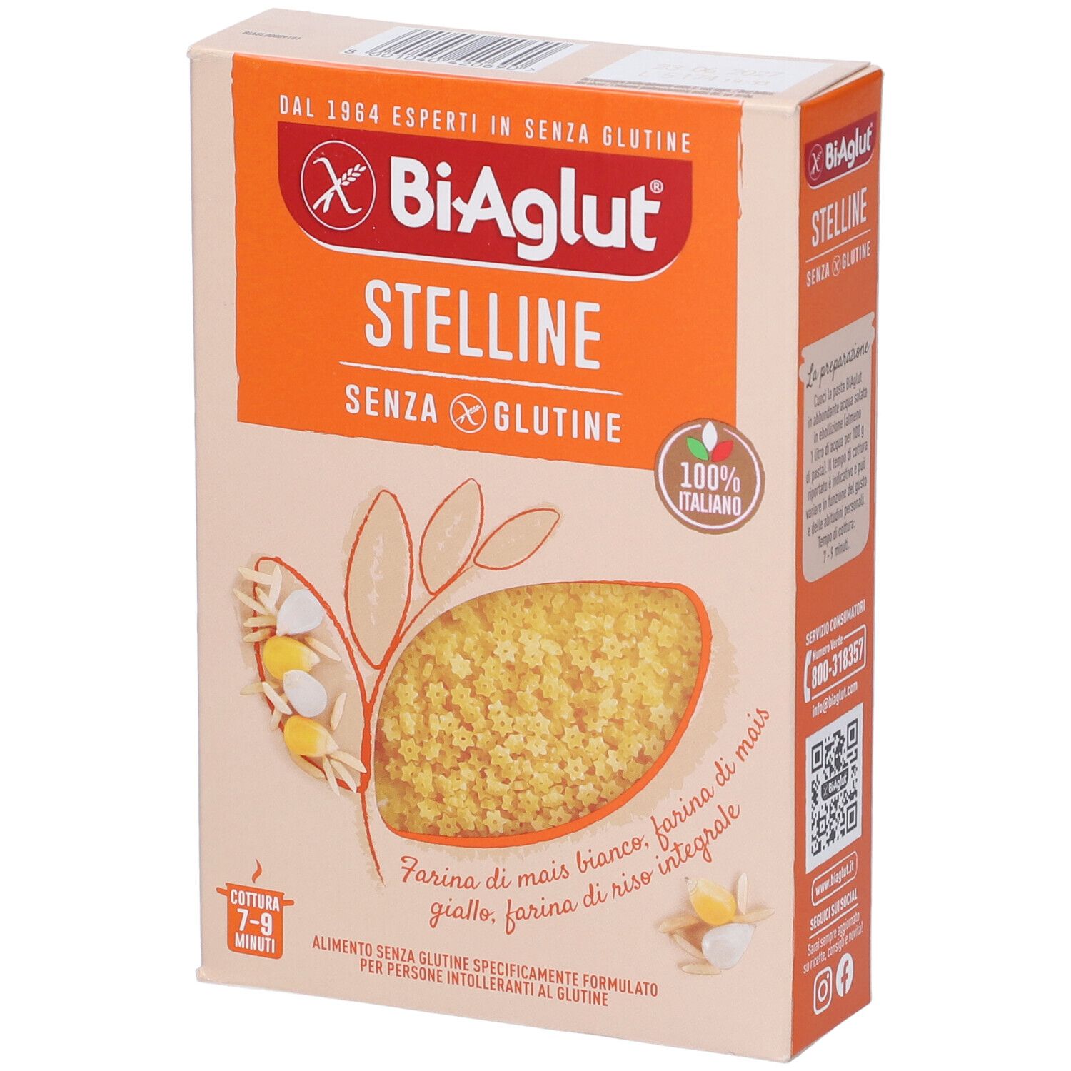 Confezione di pasta Biaglut Stelline senza glutine. Immagine del prodotto e ingredienti. Logo arancione e testo.