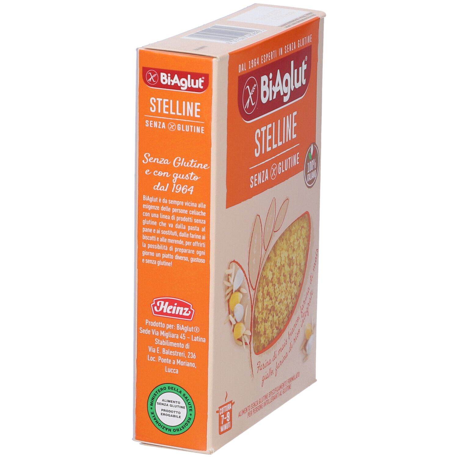 Confezione di pasta Biaglut Stelline senza glutine, vista laterale. Logo arancione e testo. Sigillo senza glutine.