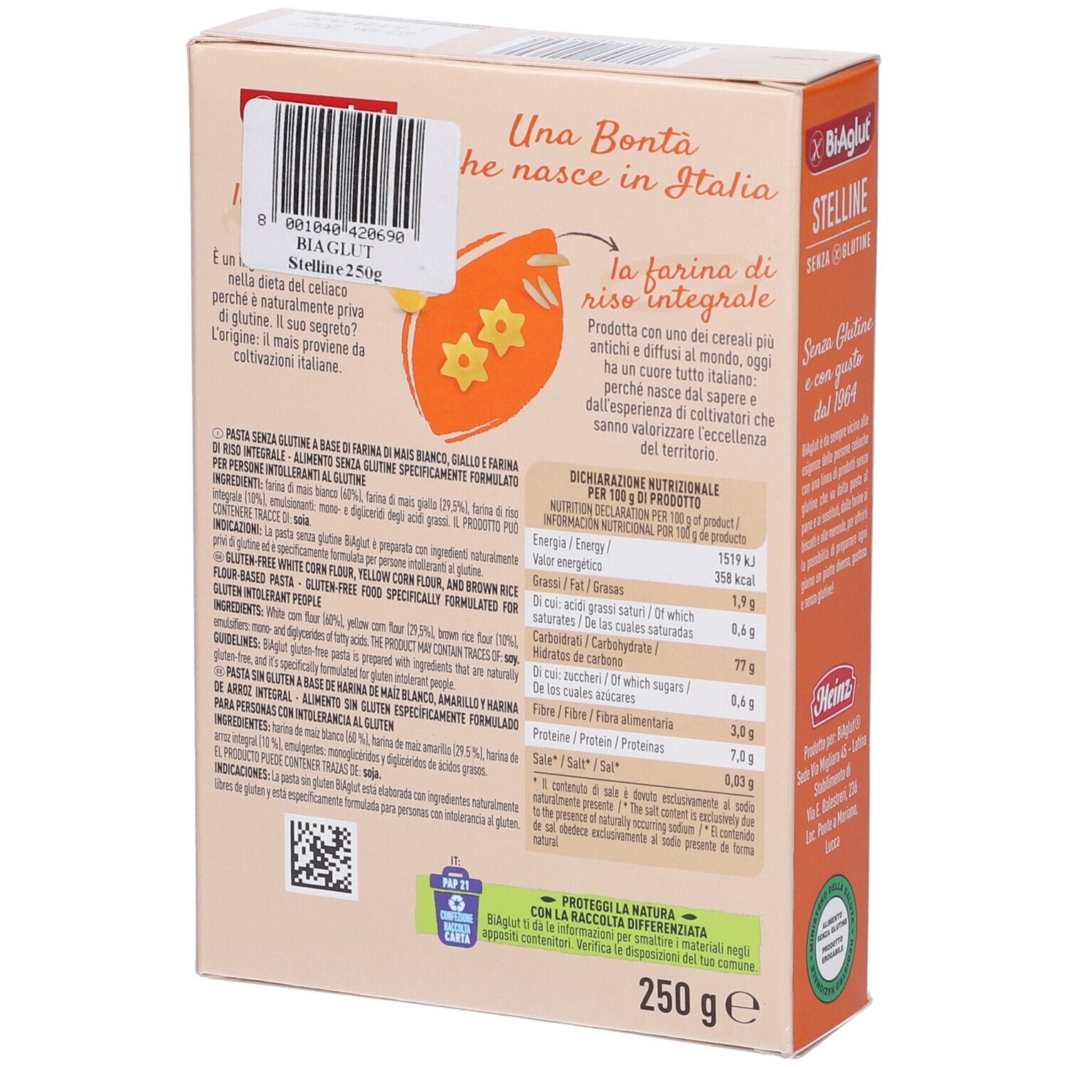 Retro della confezione Biaglut Stelline. Informazioni nutrizionali, testo e logo. Sigillo senza glutine. 250g.