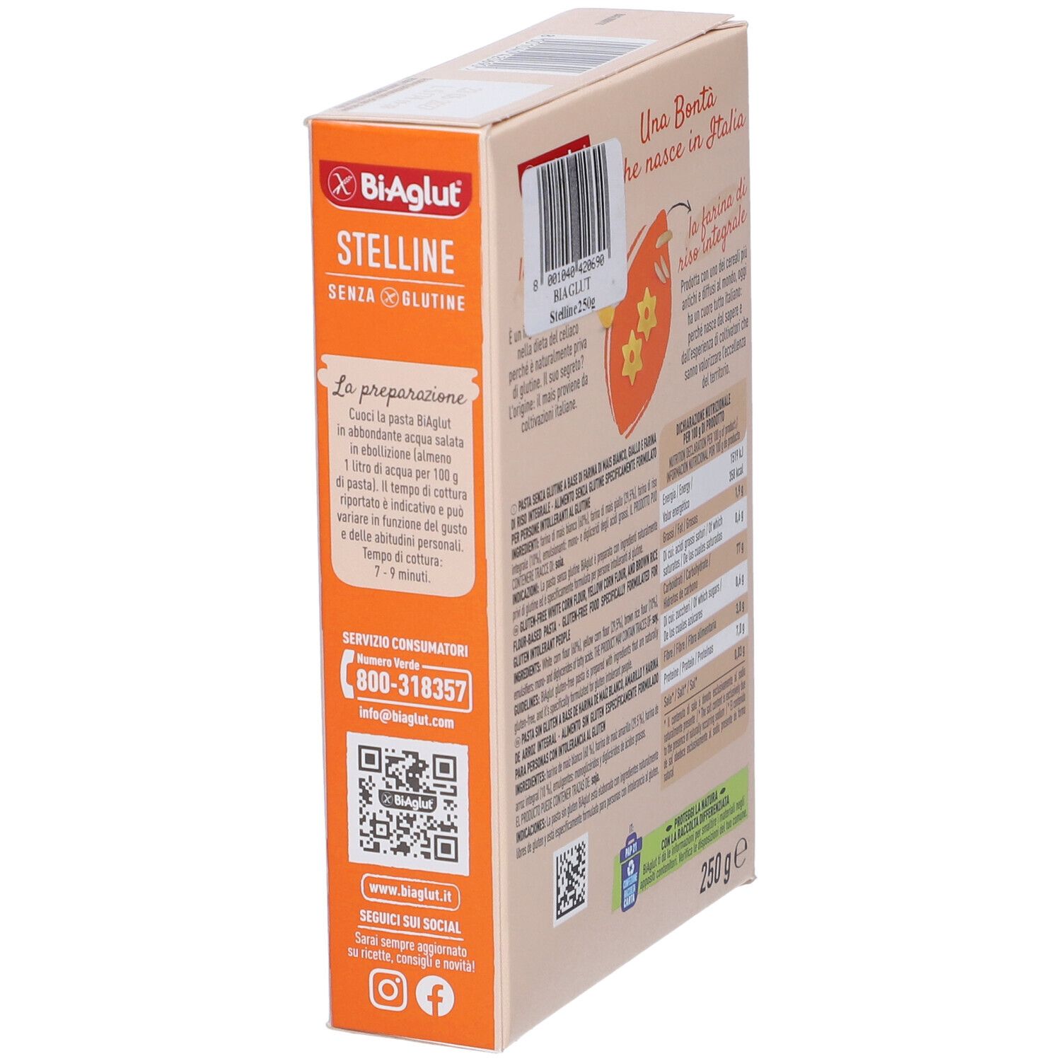 Lato della confezione Biaglut Stelline. Istruzioni per la preparazione, testo e logo. Codice QR. 250g.