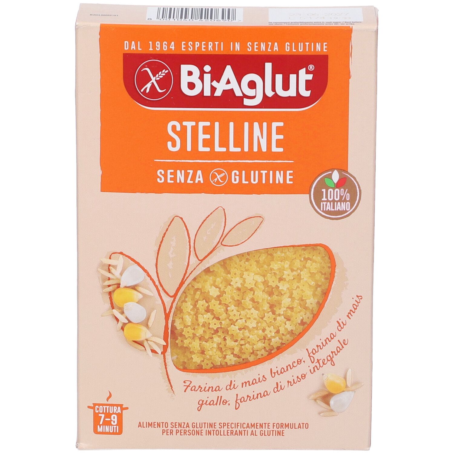 Confezione di pasta Biaglut Stelline senza glutine. Immagine del prodotto e ingredienti. Logo arancione e testo.