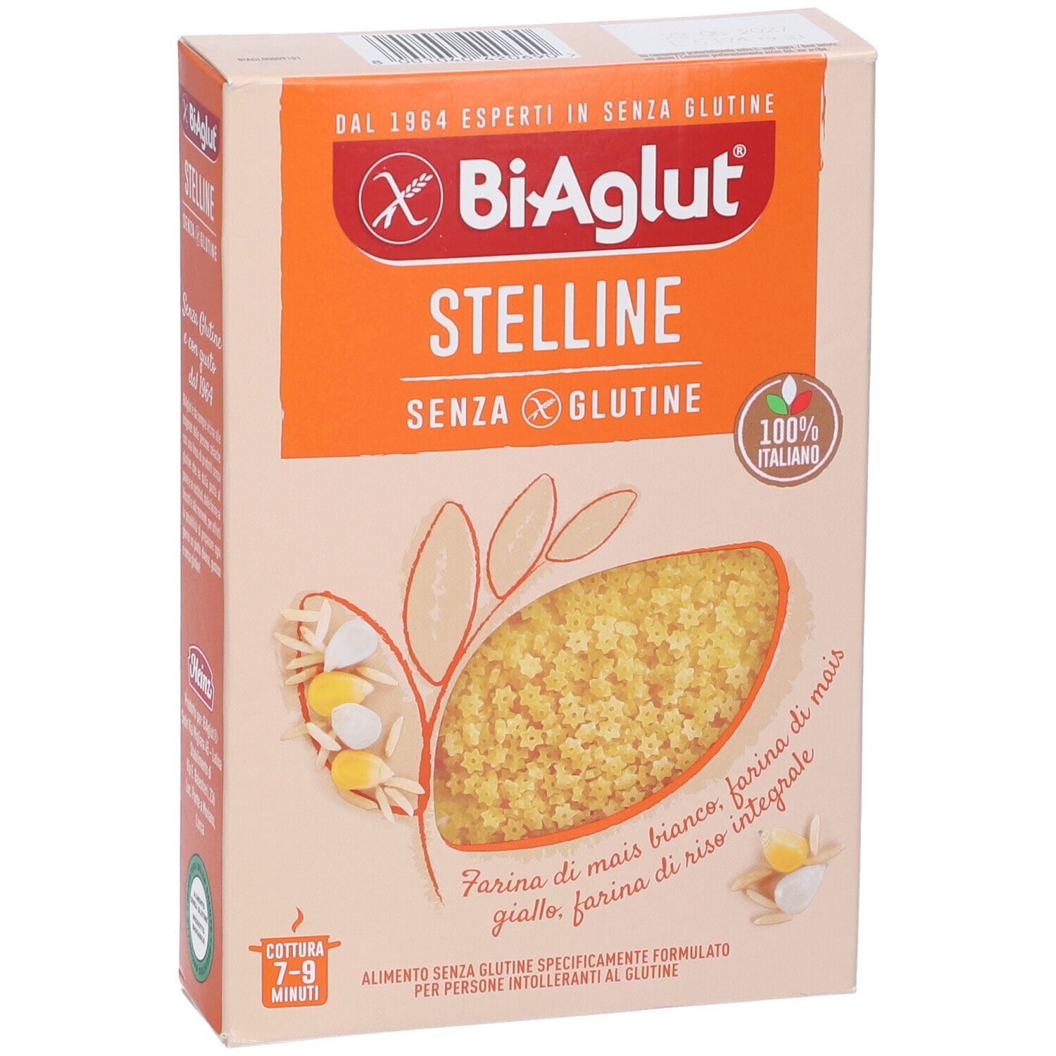 Confezione di pasta Biaglut Stelline senza glutine. Immagine del prodotto e ingredienti. Logo arancione e testo.