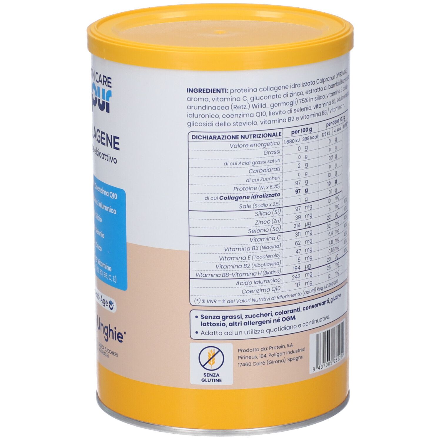 Retro del barattolo con coperchio giallo. Contiene informazioni sugli ingredienti e i valori nutrizionali. Testo in italiano.