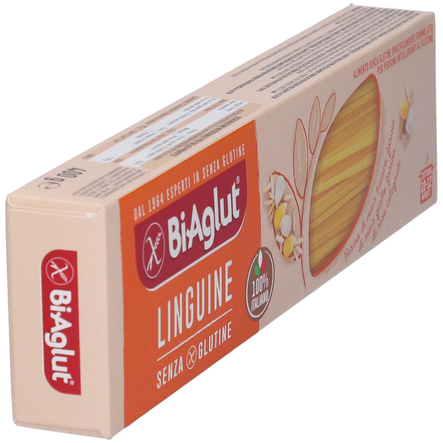 Confezione di linguine Biaglut, angolata. Scritta arancione, senza glutine. Bandiera italiana. Pasta visibile.