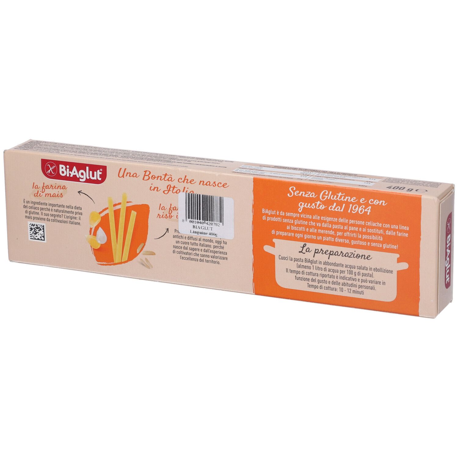 Retro confezione linguine Biaglut. Testo in italiano. Senza glutine. Tempo cottura 10-12 minuti.