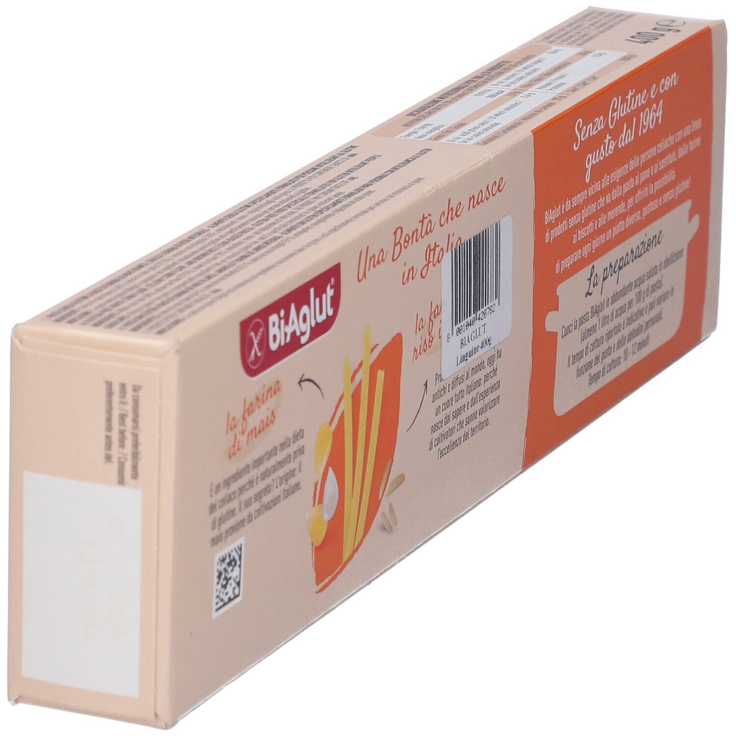 Retro confezione linguine Biaglut, angolata. Testo in italiano. Senza glutine. Tempo cottura 10-12 minuti.