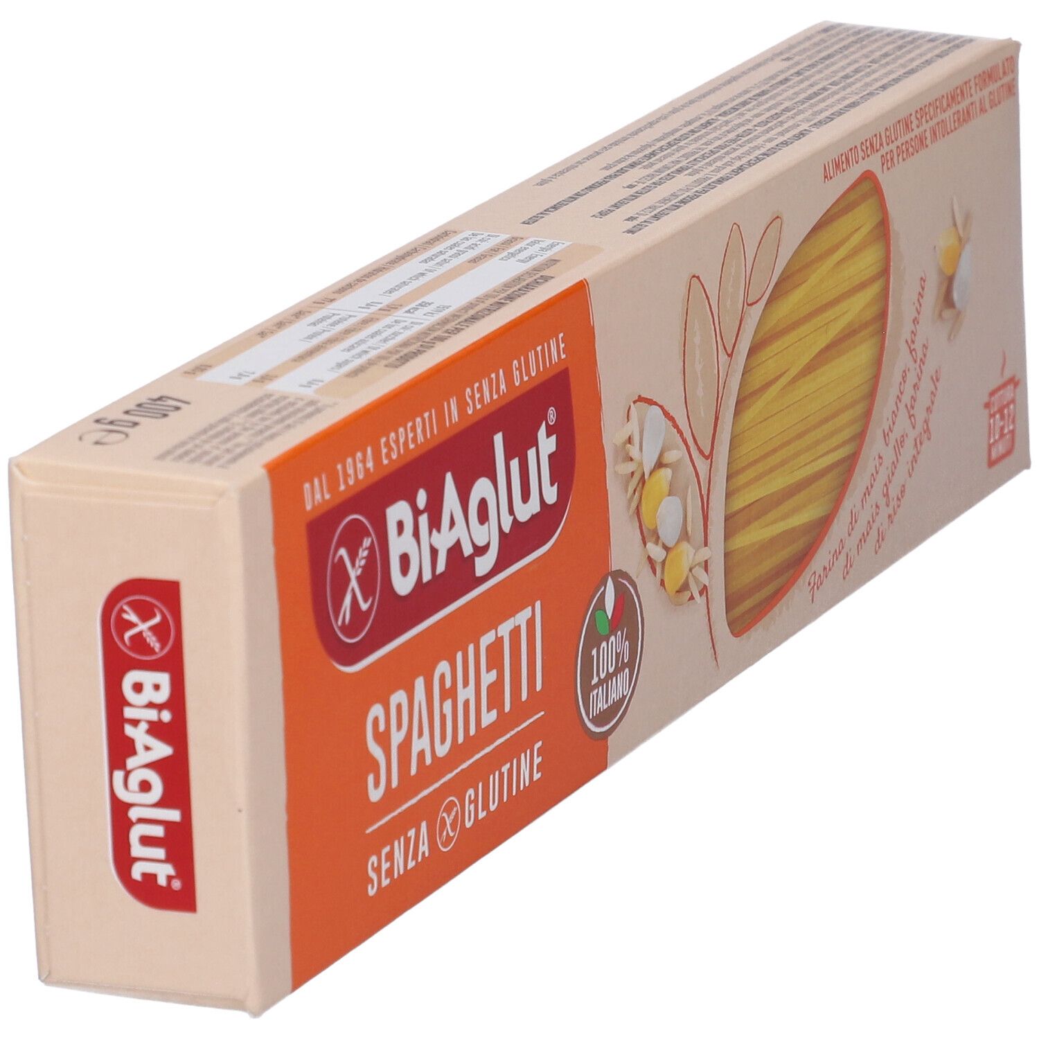 Confezione di spaghetti Biaglut. Senza glutine. Confezione arancione e beige. Vista obliqua.