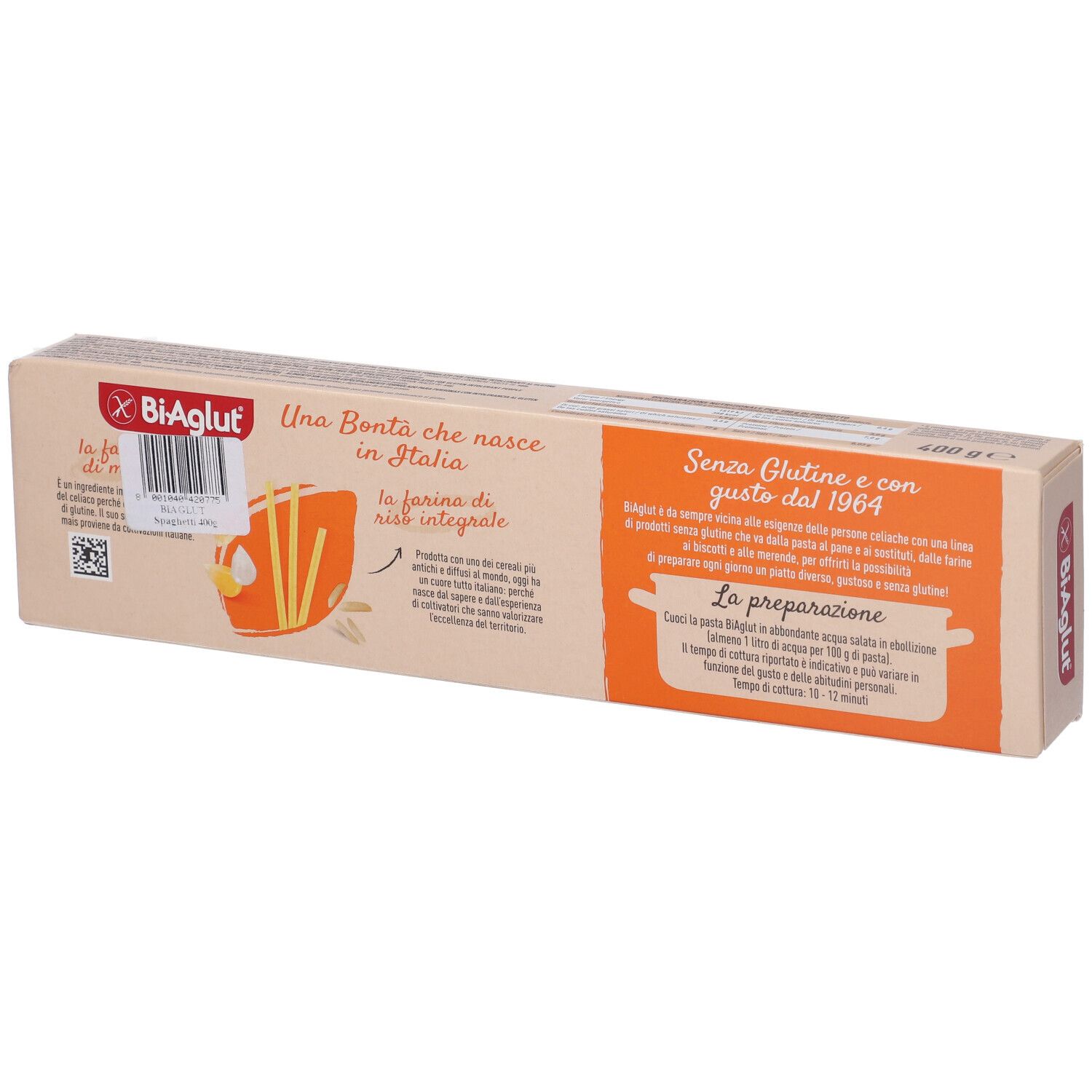 Retro della confezione di spaghetti Biaglut. Testo e illustrazioni su sfondo beige e arancione.