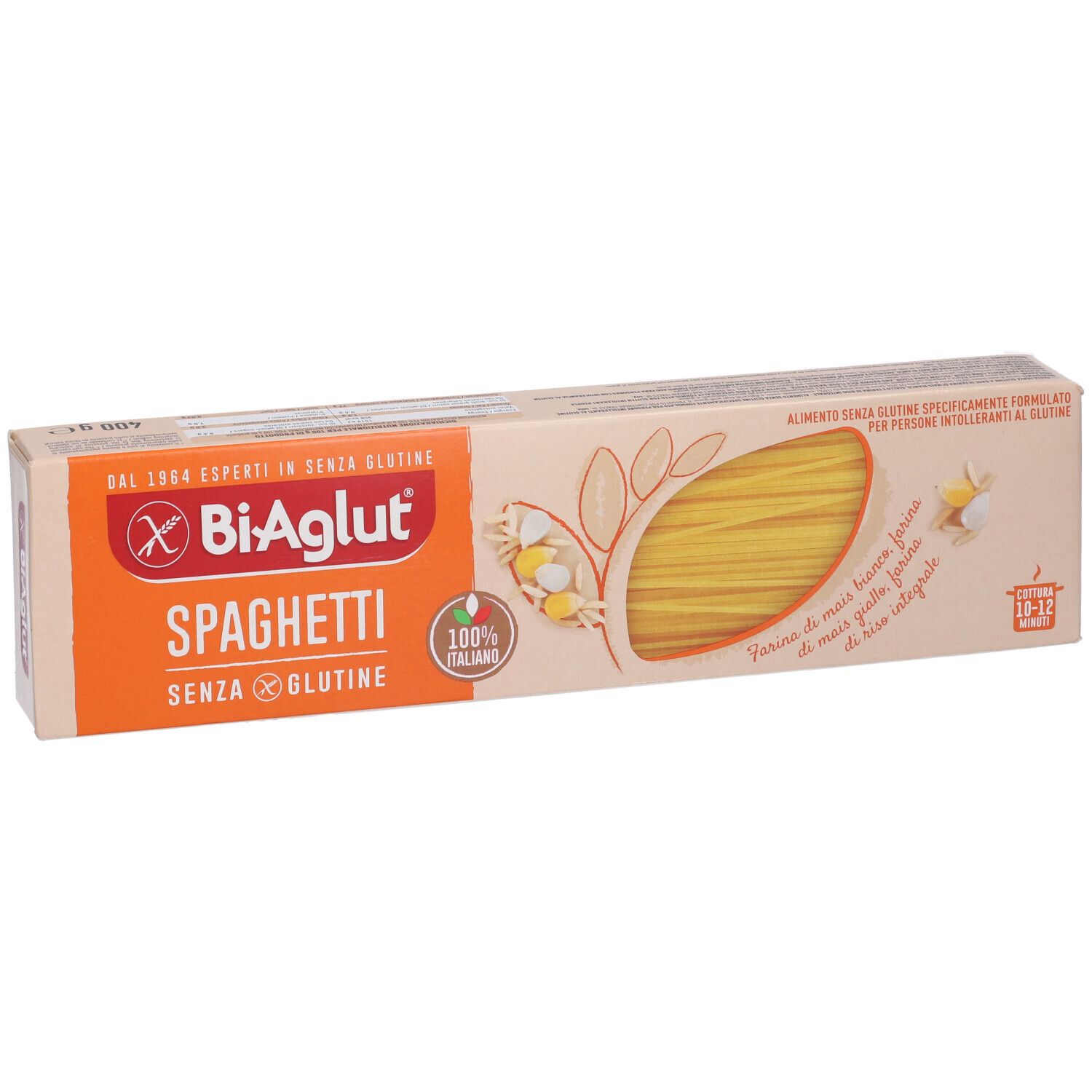 Confezione di spaghetti Biaglut. Senza glutine. Confezione arancione e beige. Vista obliqua.