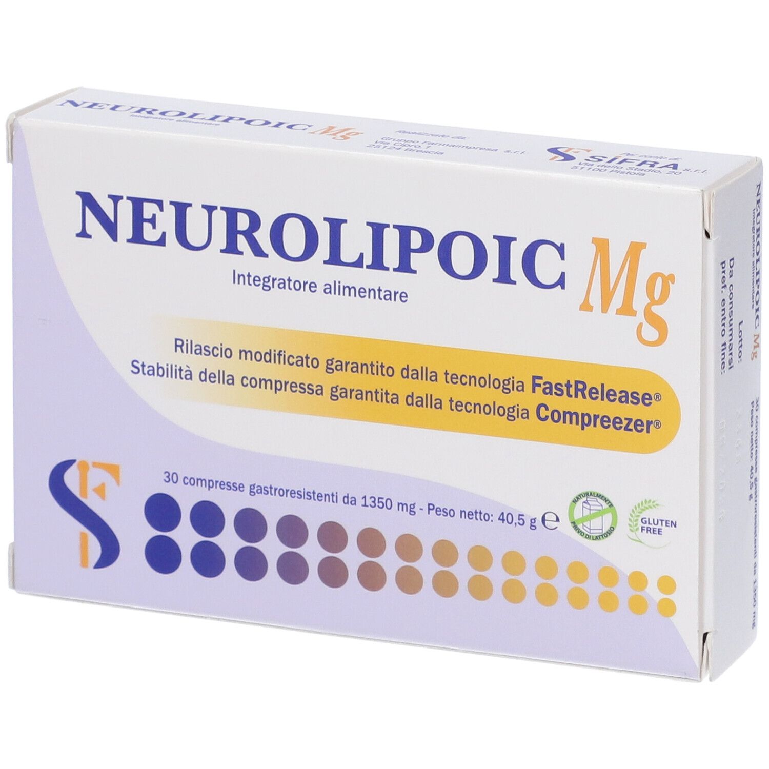 Confezione del prodotto, scatola bianca con nome e logo. Contiene 30 compresse.