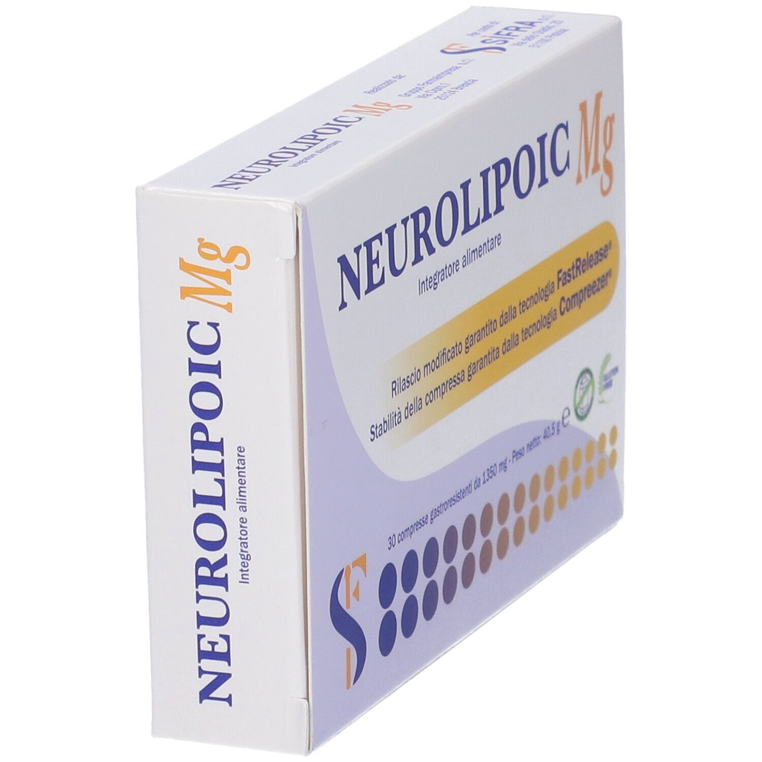 Confezione del prodotto, scatola bianca con nome e logo. Contiene 30 compresse.
