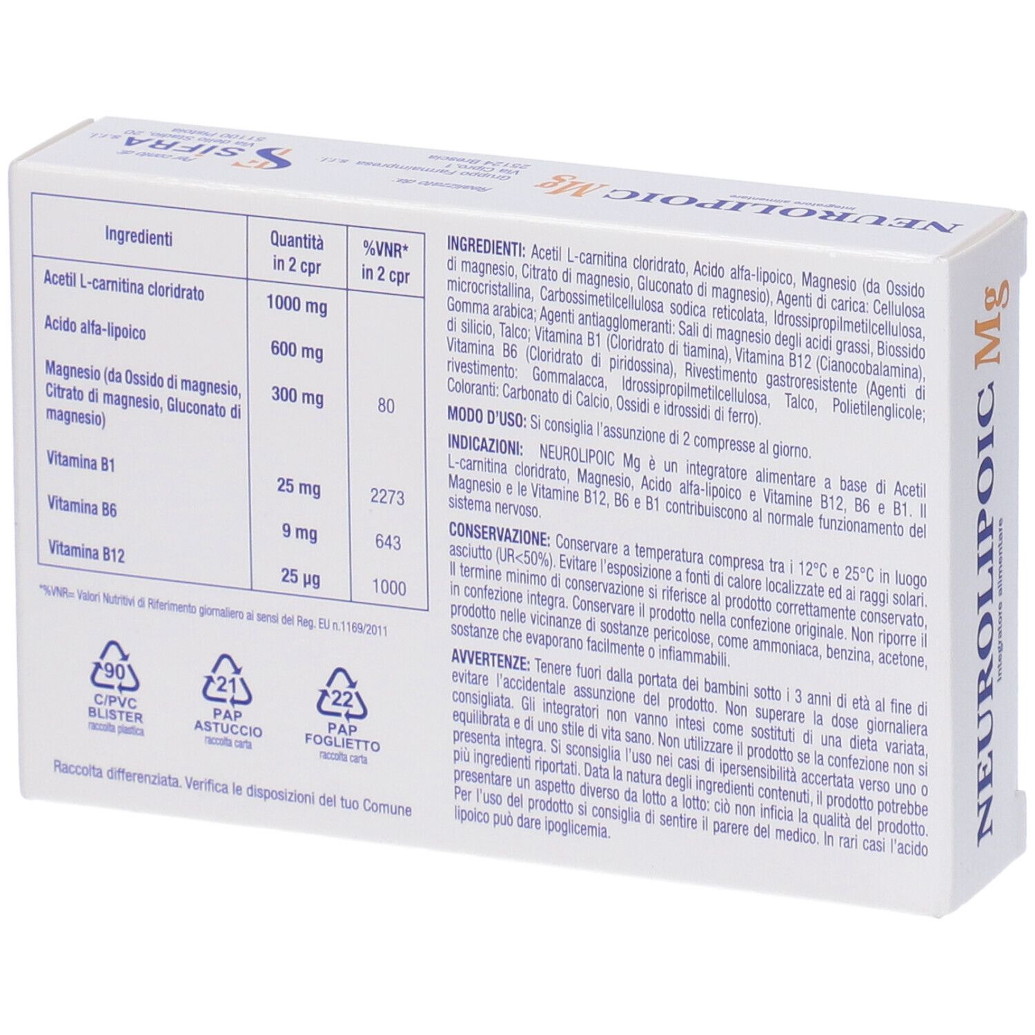 Retro della confezione del prodotto. Contiene ingredienti, informazioni nutrizionali e avvertenze.