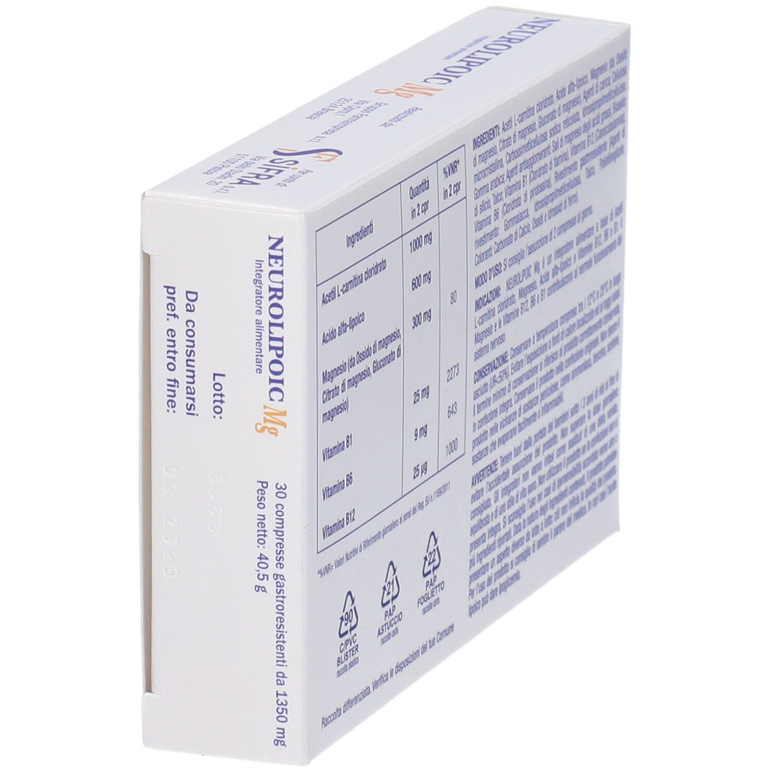 Confezione del prodotto, scatola bianca con nome e logo. Contiene ingredienti e avvertenze.