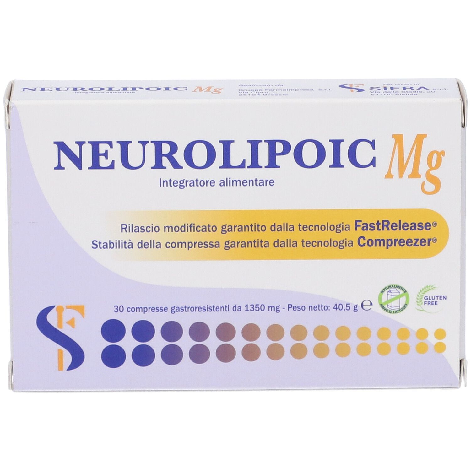 Scatola bianca con nome e logo del prodotto. Contiene 30 compresse. Sigillo senza glutine.