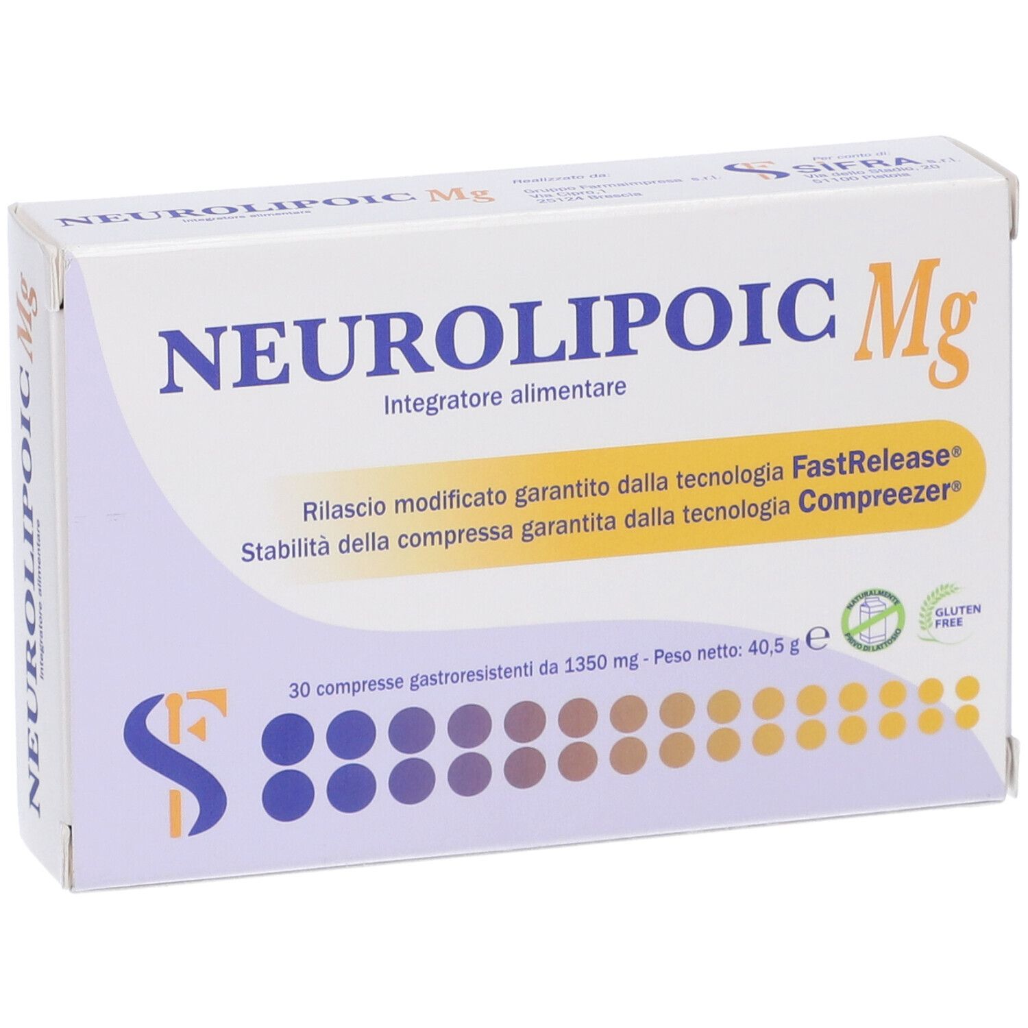 Scatola bianca con nome e logo del prodotto. Contiene 30 compresse. Sigillo senza glutine.