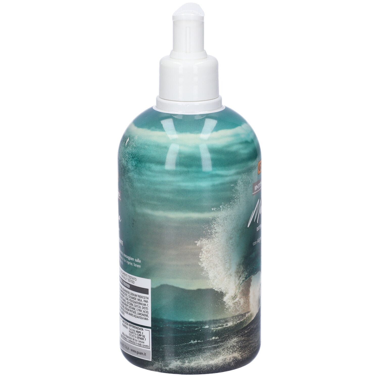 Flacone con dosatore. Retro con testo. Motivo onde. Dosatore bianco.