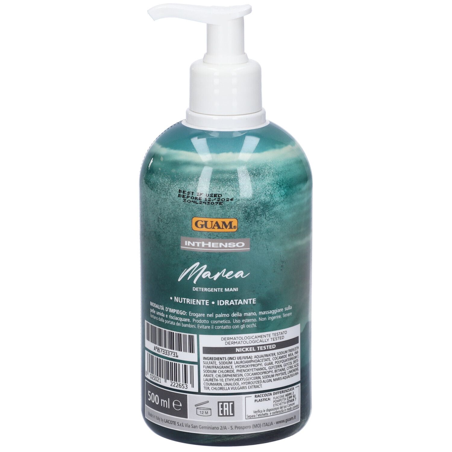 Flacone con dosatore. Scritta: GUAM Inthenso Marea Detergente Mani. 500 ml. Dosatore bianco.
