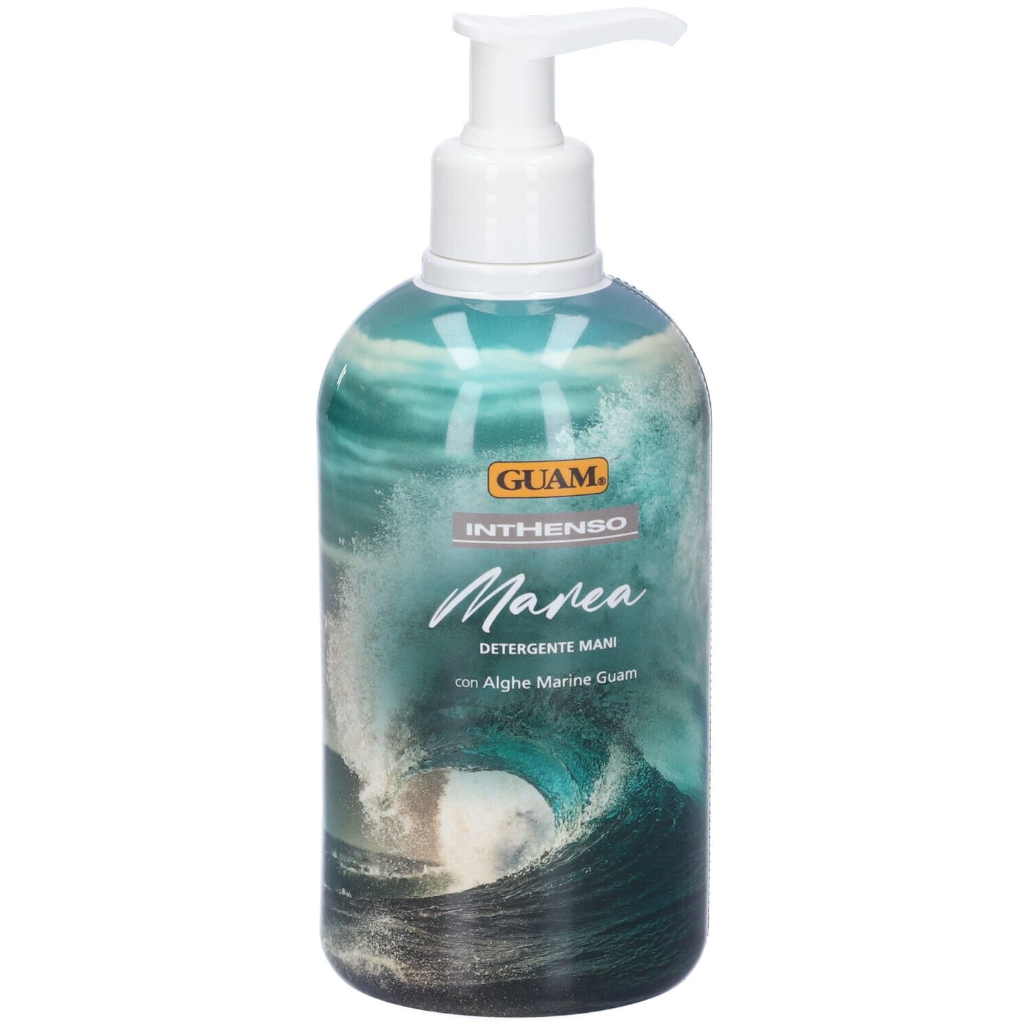 Flacone con dosatore. Scritta: GUAM Inthenso Marea Detergente Mani. Motivo onde. Dosatore bianco.