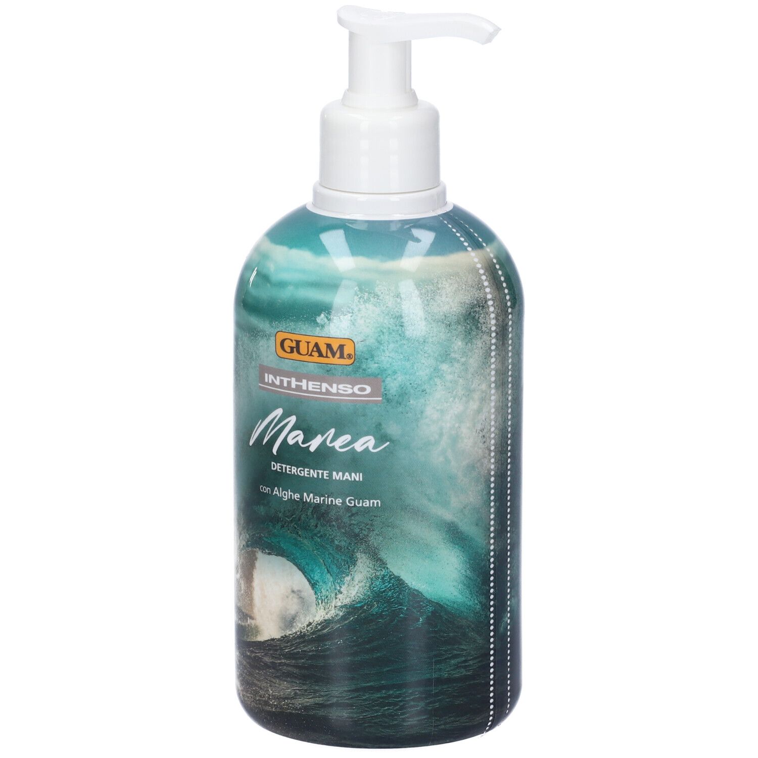 Flacone con dosatore. Scritta: GUAM Inthenso Marea Detergente Mani. Motivo onde. Dosatore bianco.