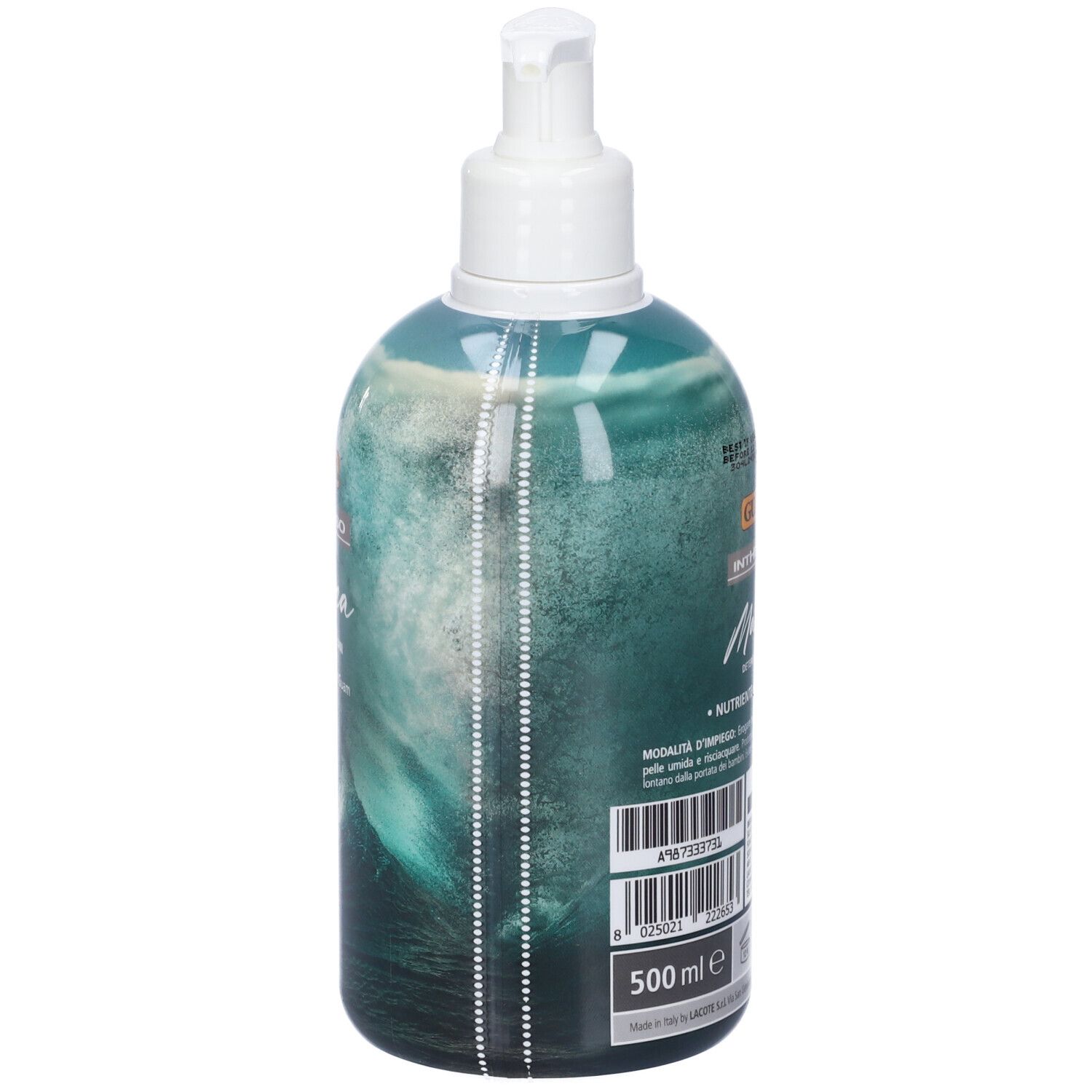 Flacone con dosatore. Retro con testo. 500 ml. Dosatore bianco.