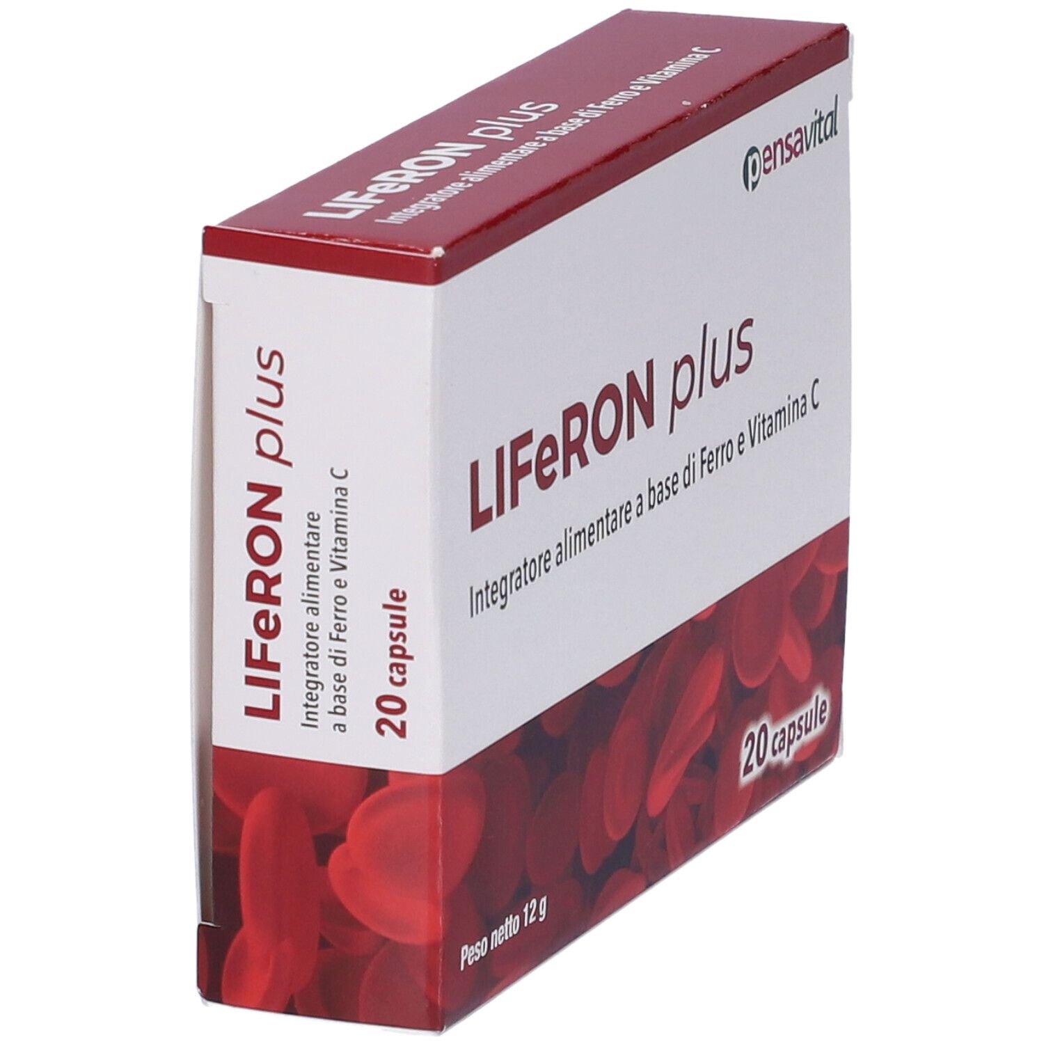 Scatola di Liferon Plus, 20 capsule. Scritto: Integratore alimentare a base di Ferro e Vitamina C. Marchio: Pensavital.