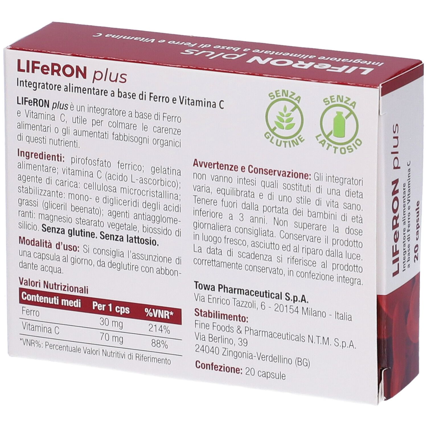 Retro della scatola di Liferon Plus. Contiene informazioni su ingredienti, uso e valori nutrizionali. Senza glutine e senza lattosio.