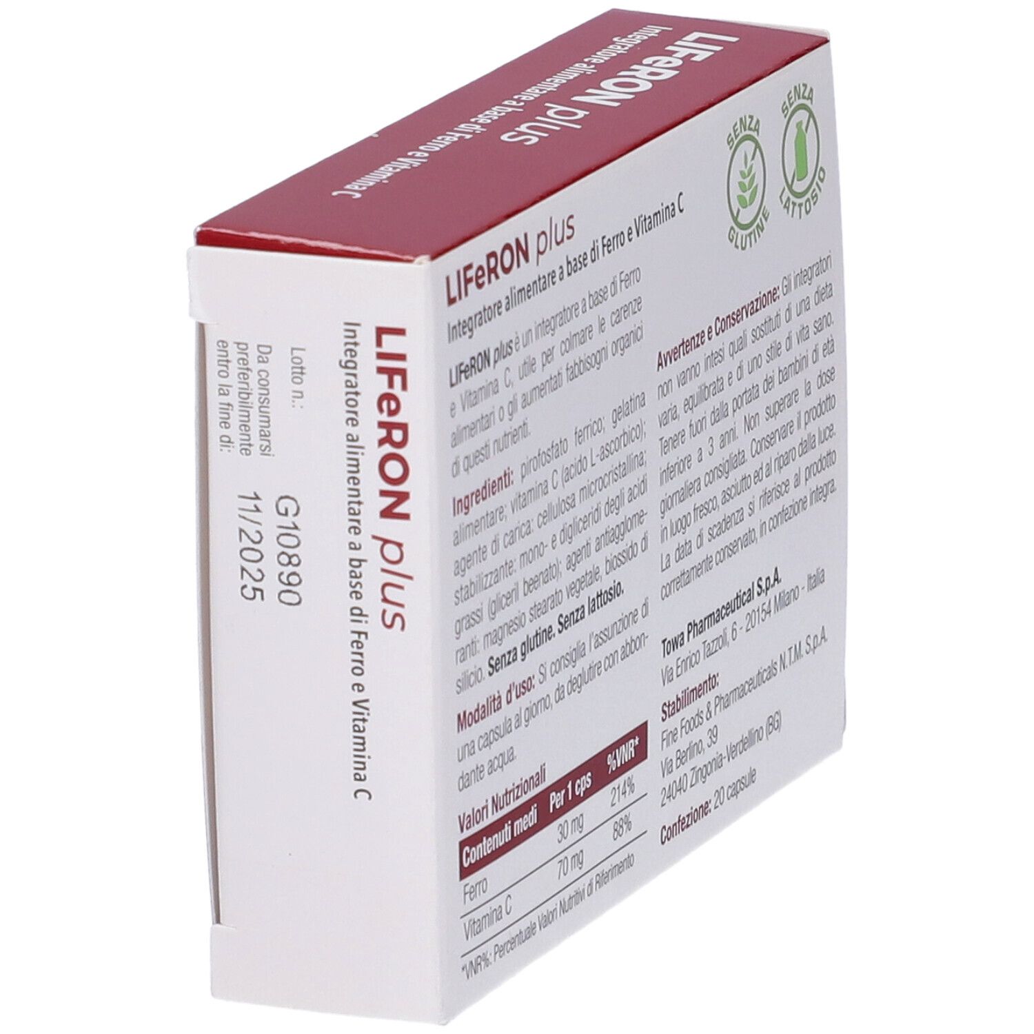 Vista laterale della scatola di Liferon Plus. Contiene informazioni su ingredienti, uso e valori nutrizionali. Senza glutine e senza lattosio.